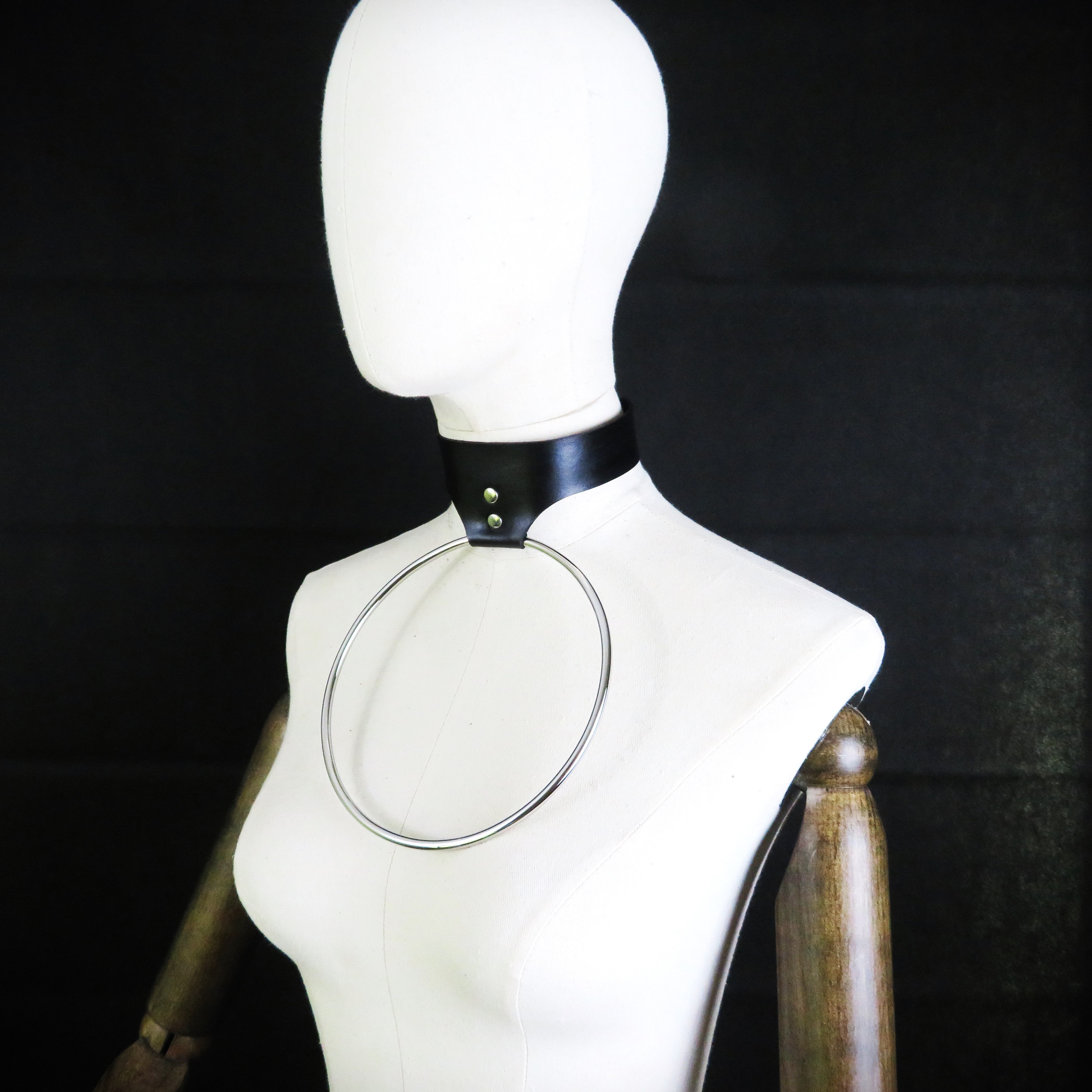 Handmade Black Leather Collar with 6-Inch Stainless Steel Ring