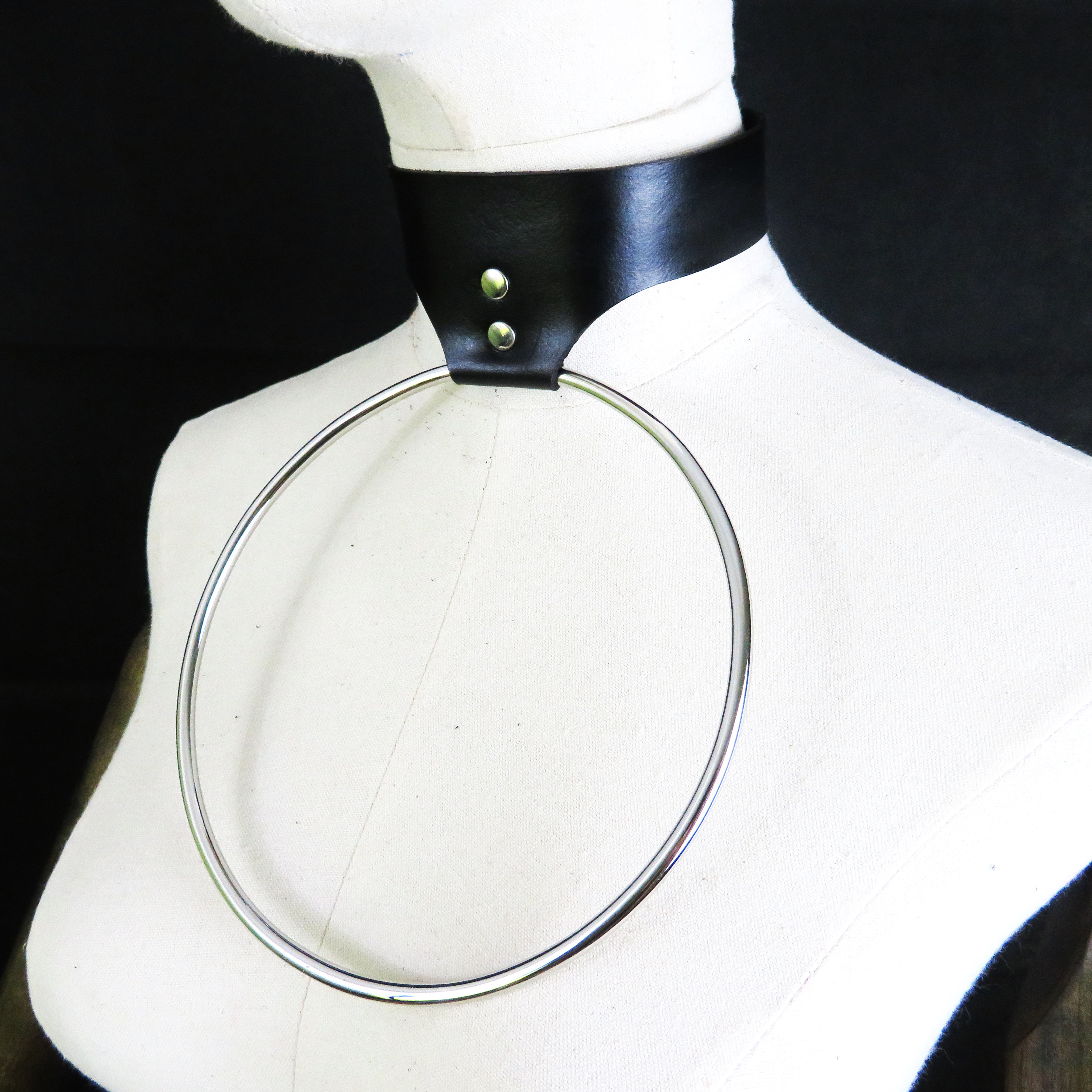 Handmade Black Leather Collar with 6-Inch Stainless Steel Ring