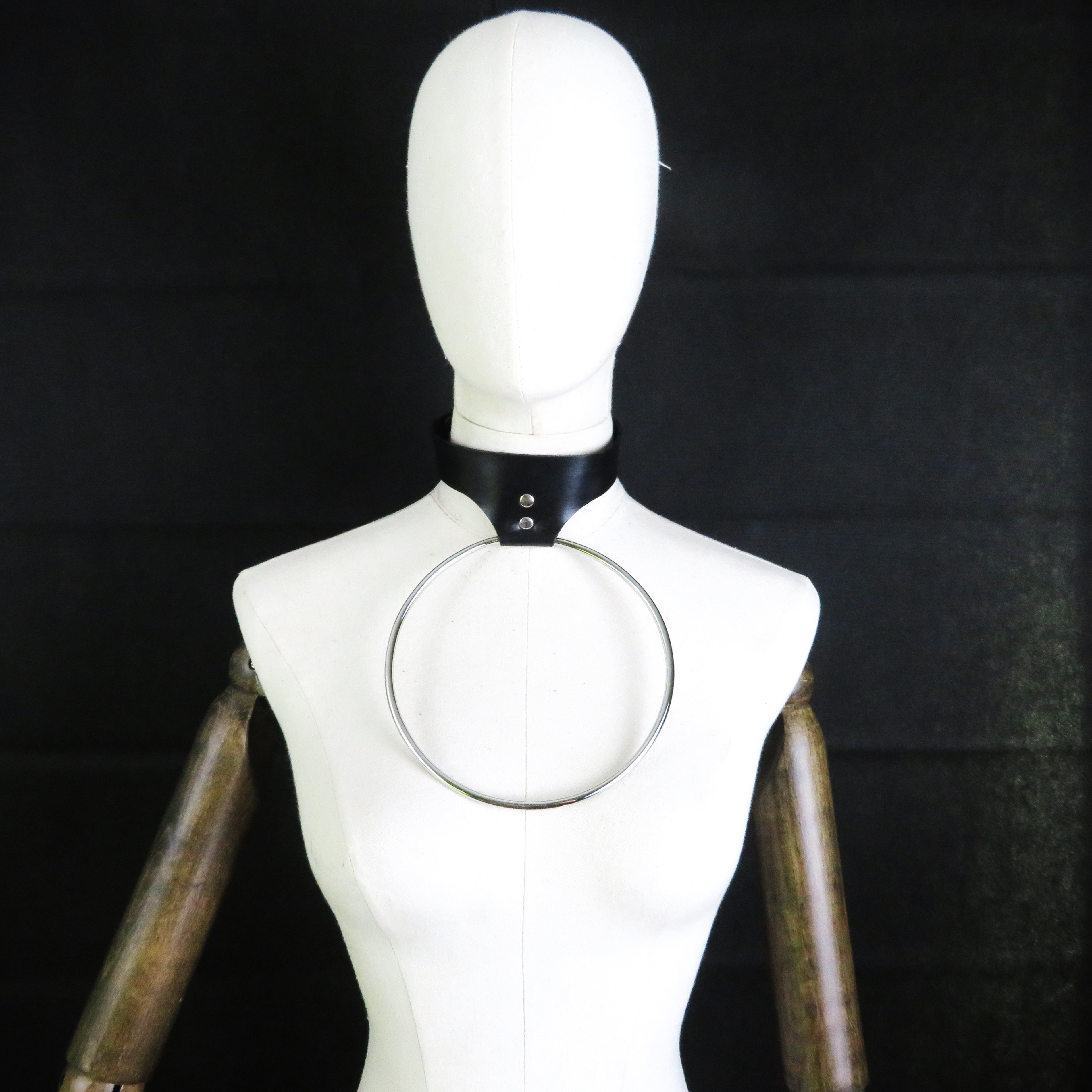 Handmade Black Leather Collar with 6-Inch Stainless Steel Ring