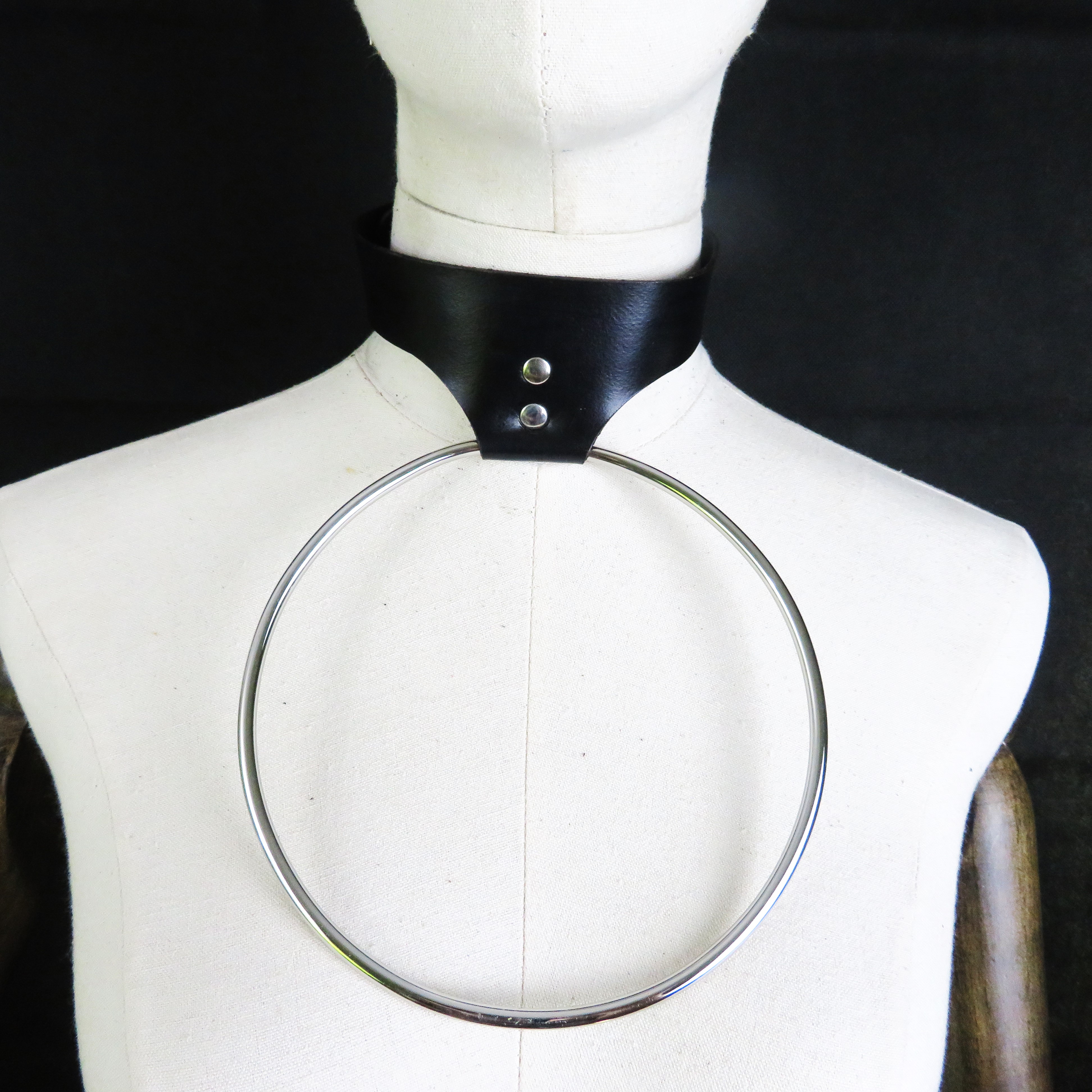 Handmade Black Leather Collar with 6-Inch Stainless Steel Ring