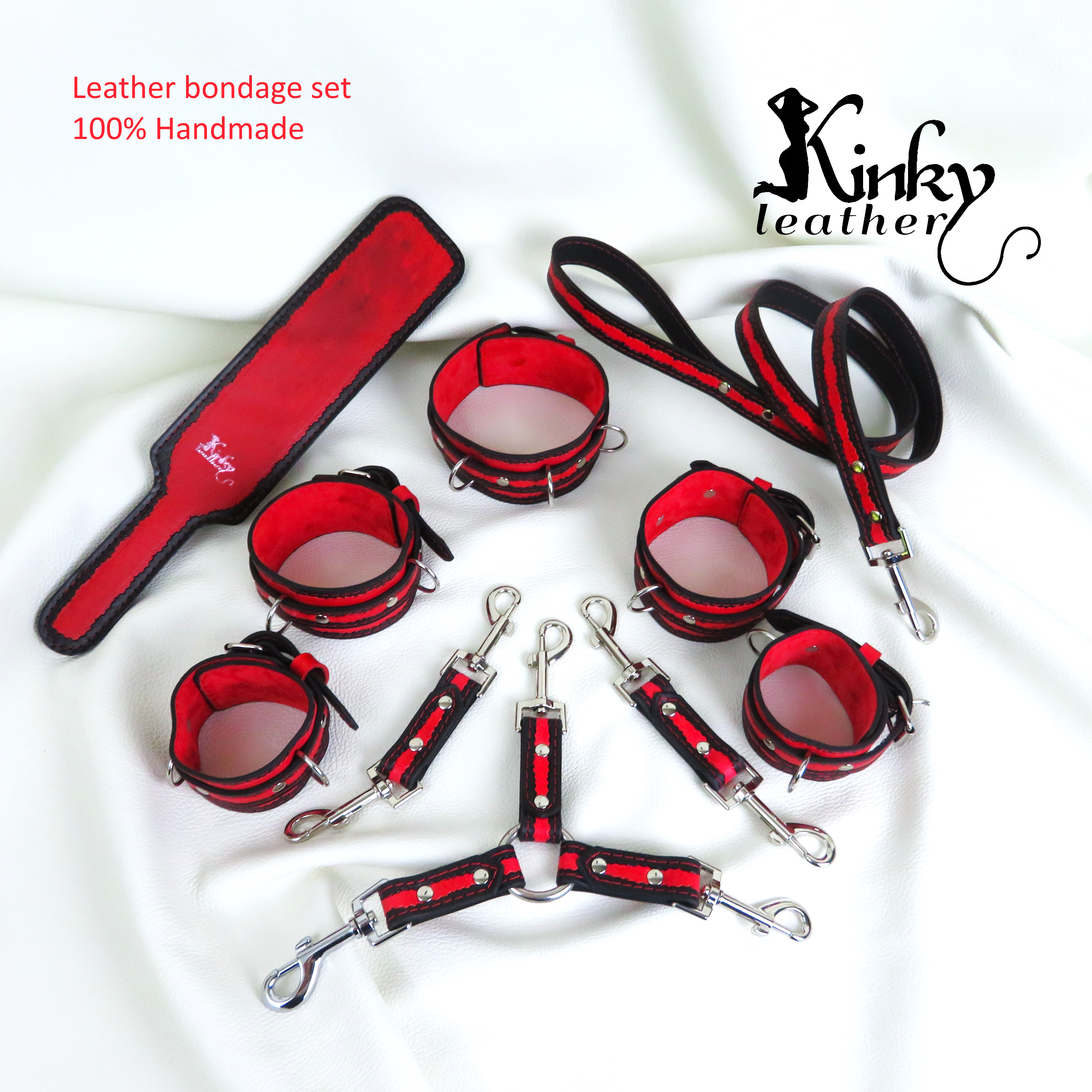 Full BDSM Leather Restraint Set – Handmade with Black & Red Detailing