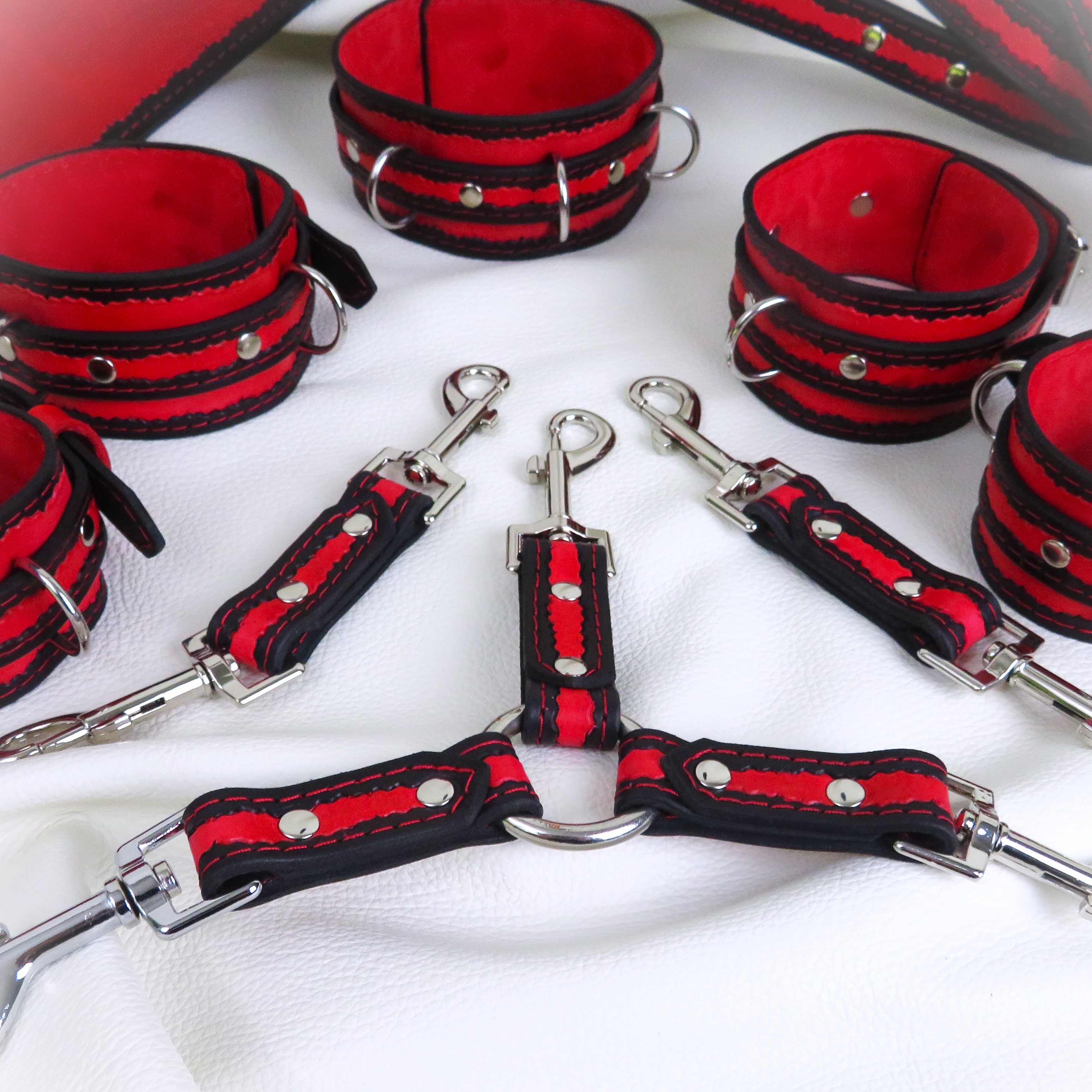 Full BDSM Leather Restraint Set – Handmade with Black & Red Detailing