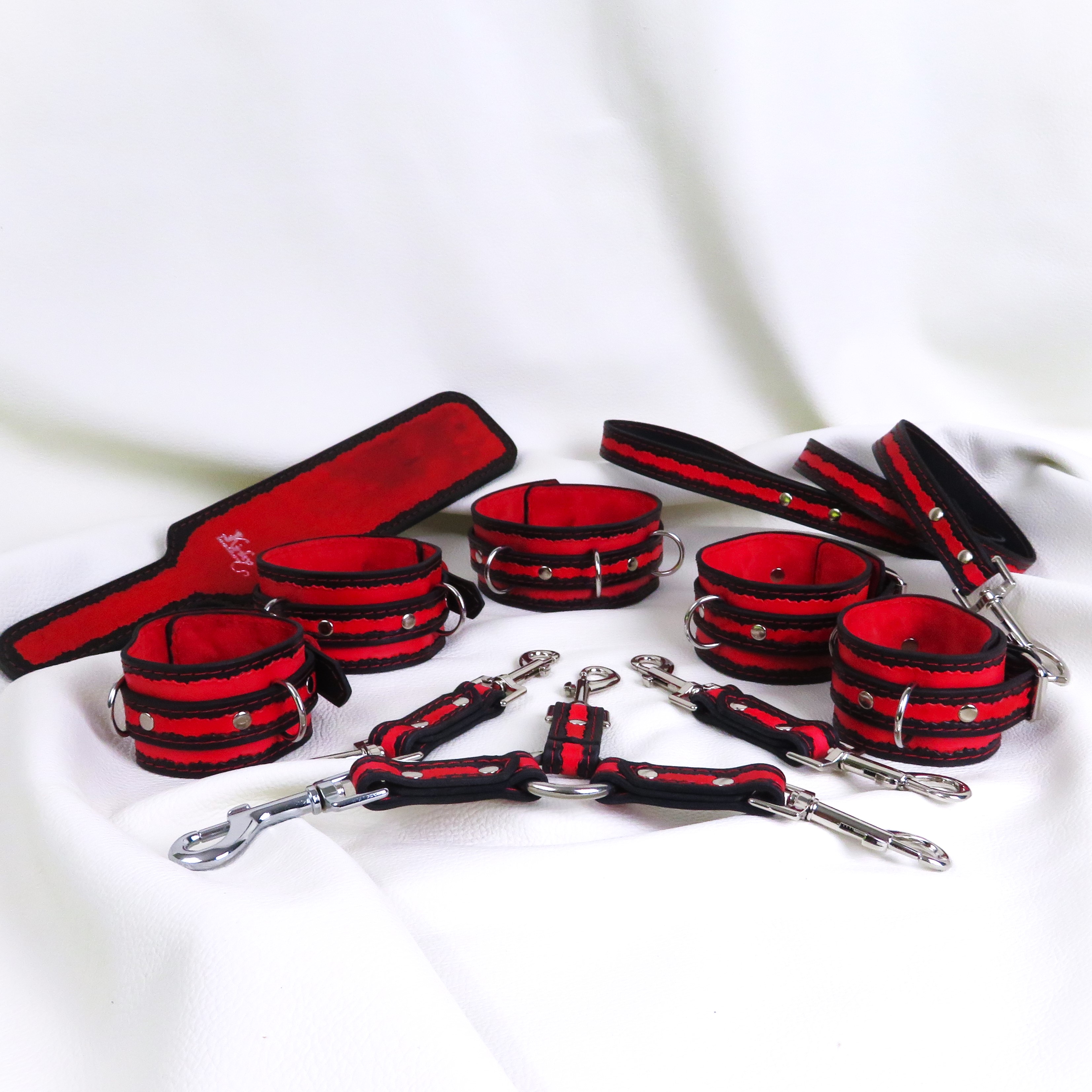 Full BDSM Leather Restraint Set – Handmade with Black & Red Detailing