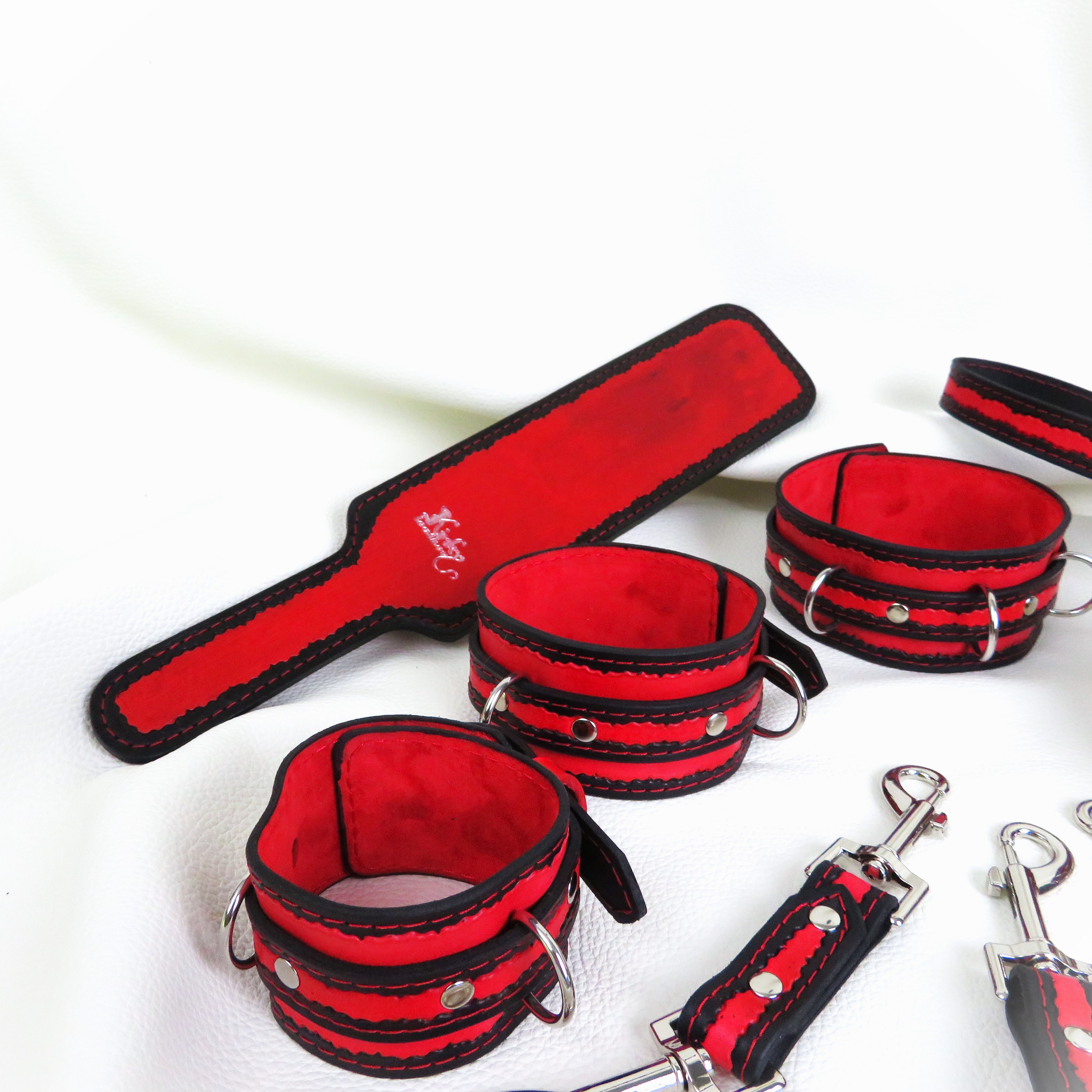 Full BDSM Leather Restraint Set – Handmade with Black & Red Detailing