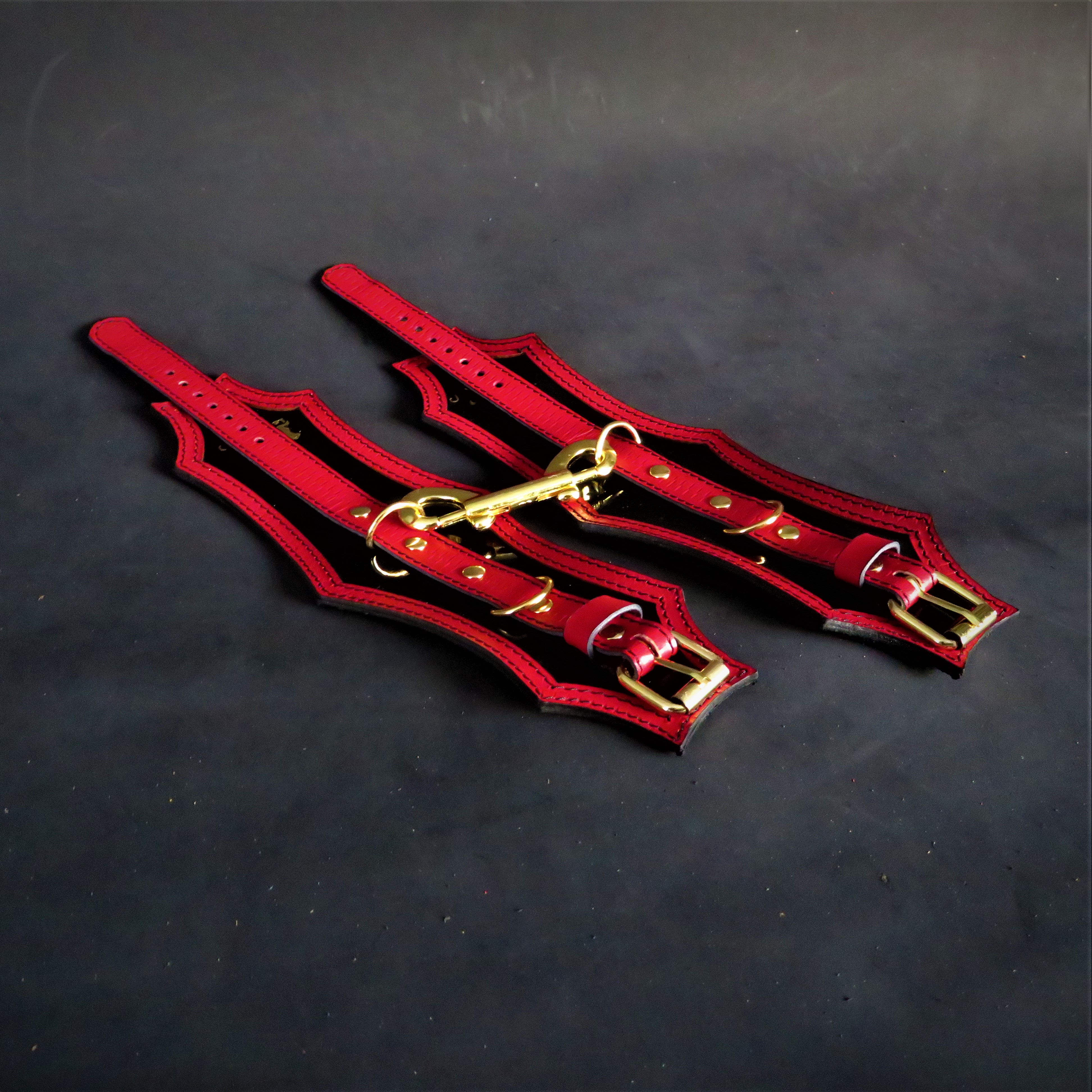 Handmade Red & Black Leather Suspension Cuffs – Vegetable-Tanned & Patent Leather with Suede Lining