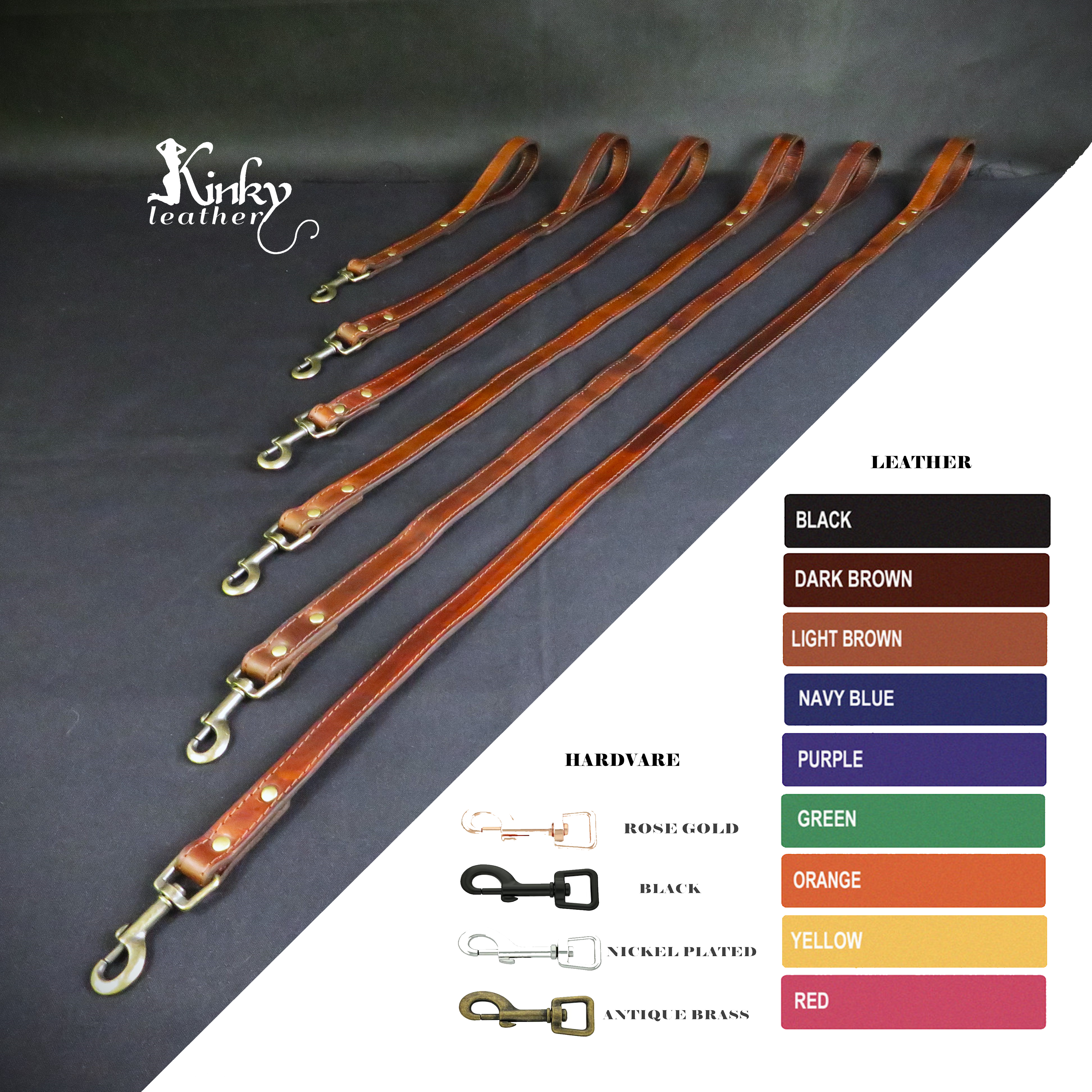 Handmade Leather Leash – Dual-Layer Full Grain Leather – Custom Lengths & Colors – Solid Cast Hardware – BDSM Kinky Pet Play