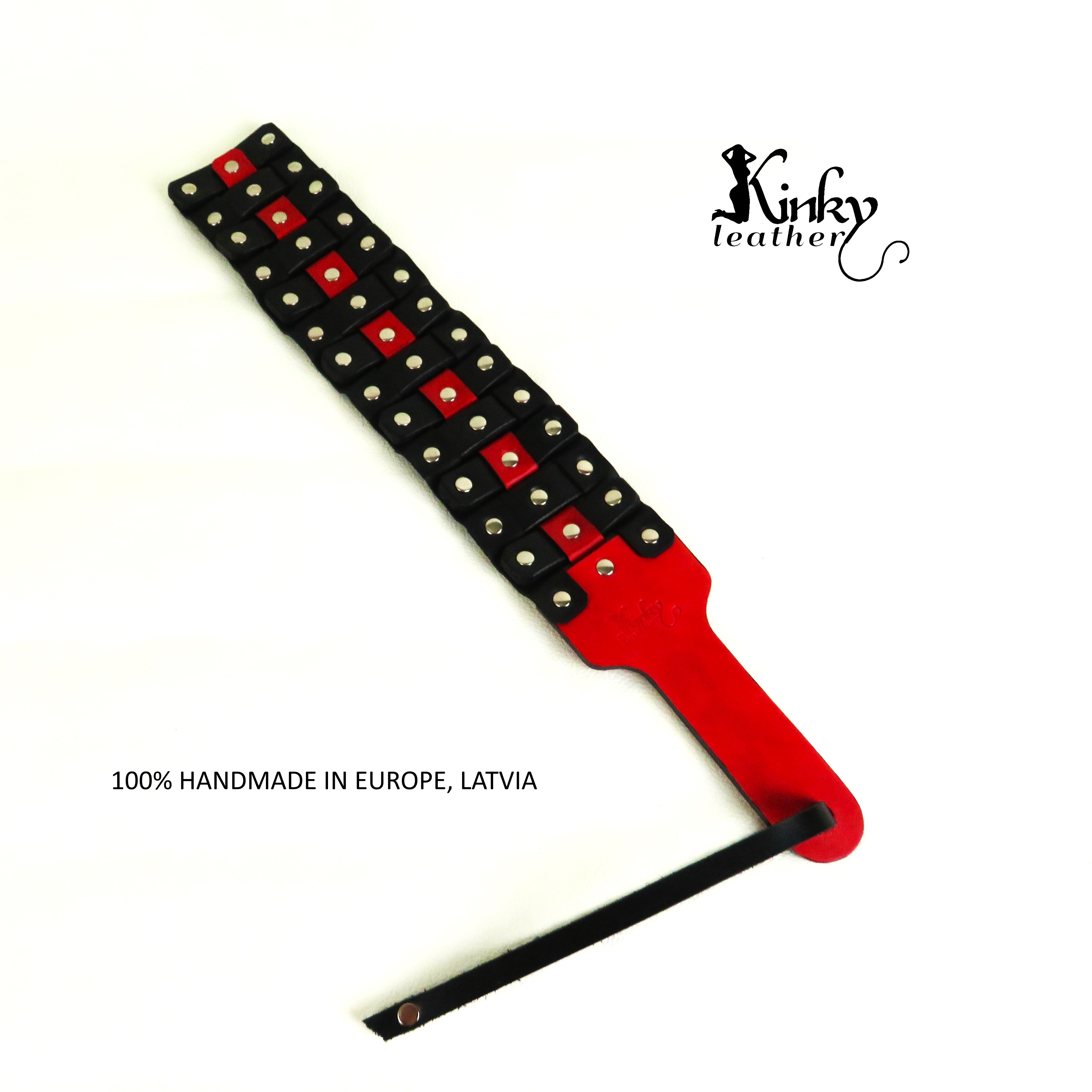 Flexible Leather Spanking Paddle – Handmade Black & Red Vegetable Tanned Impact Toy