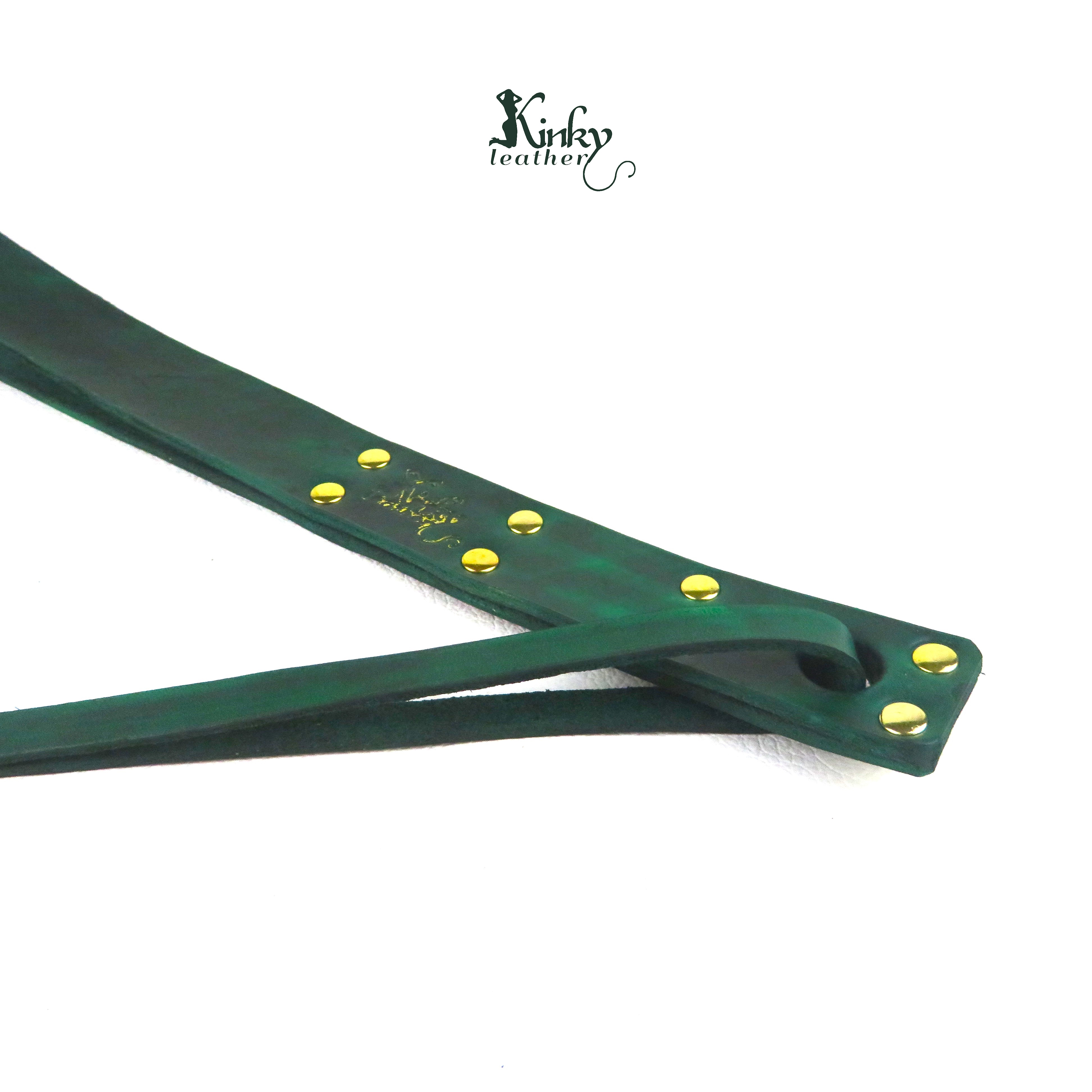  BDSM Leather Slapper – Green Handmade Impact Toy, Vegetable Tanned Leather 40cm