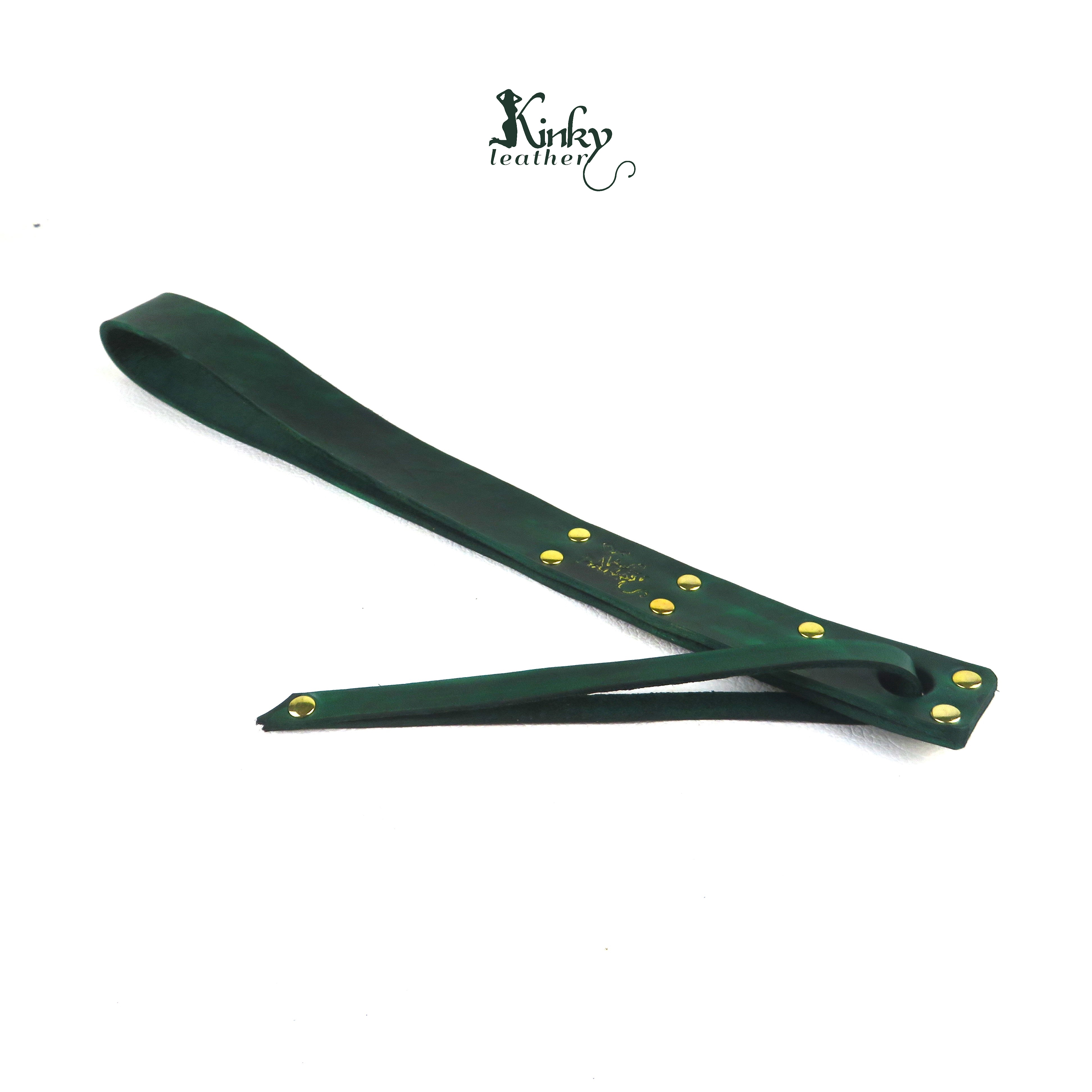  BDSM Leather Slapper – Green Handmade Impact Toy, Vegetable Tanned Leather 40cm