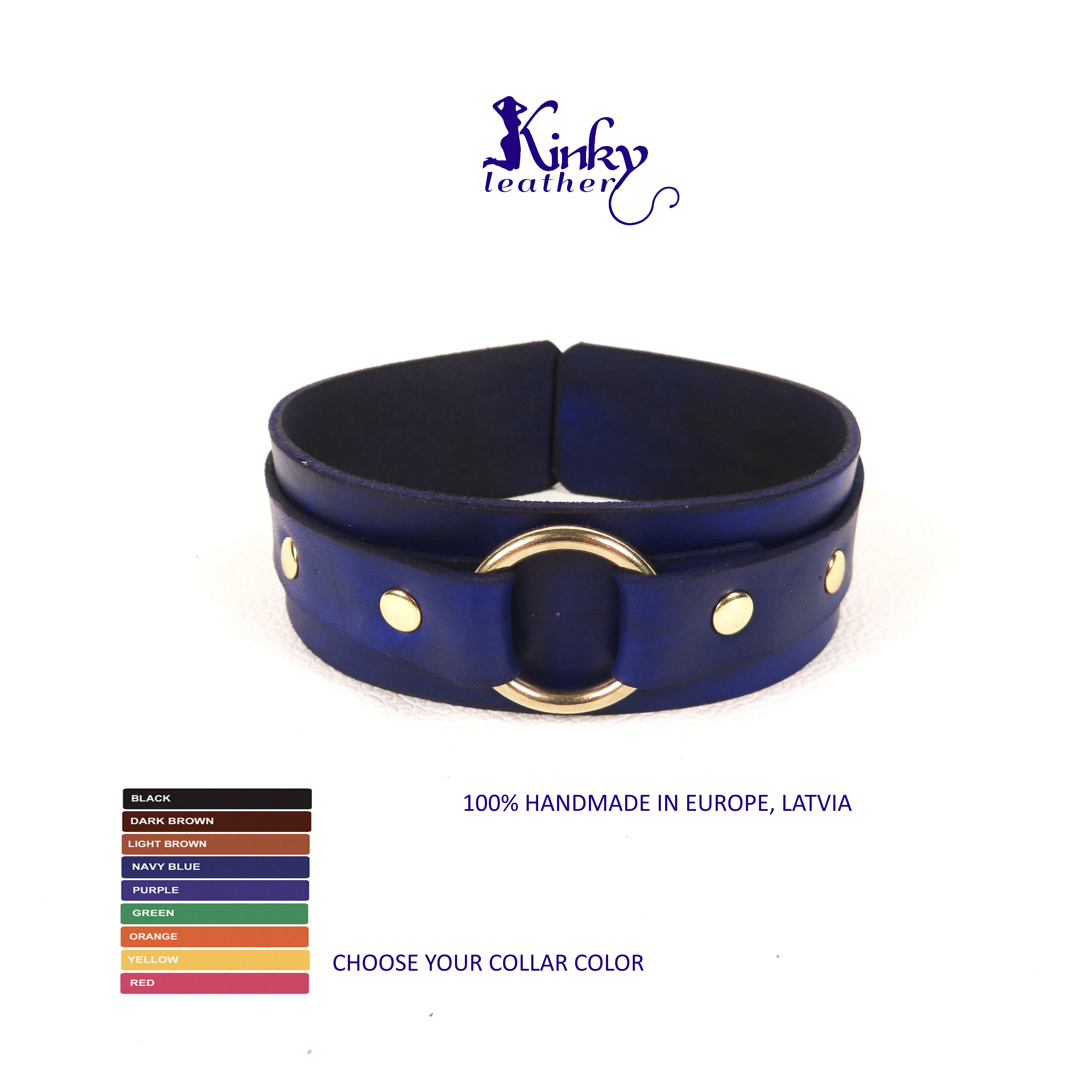 Handmade Leather Collar – BDSM Choker with Gold Ring | Custom Colors | Kinky Pet Play Collar | Unisex Fetish Accessory