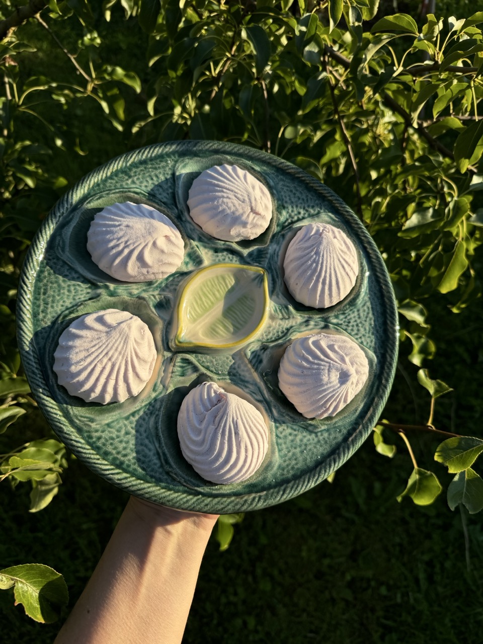 Glazed majolica oyster plates St. Clément/ France