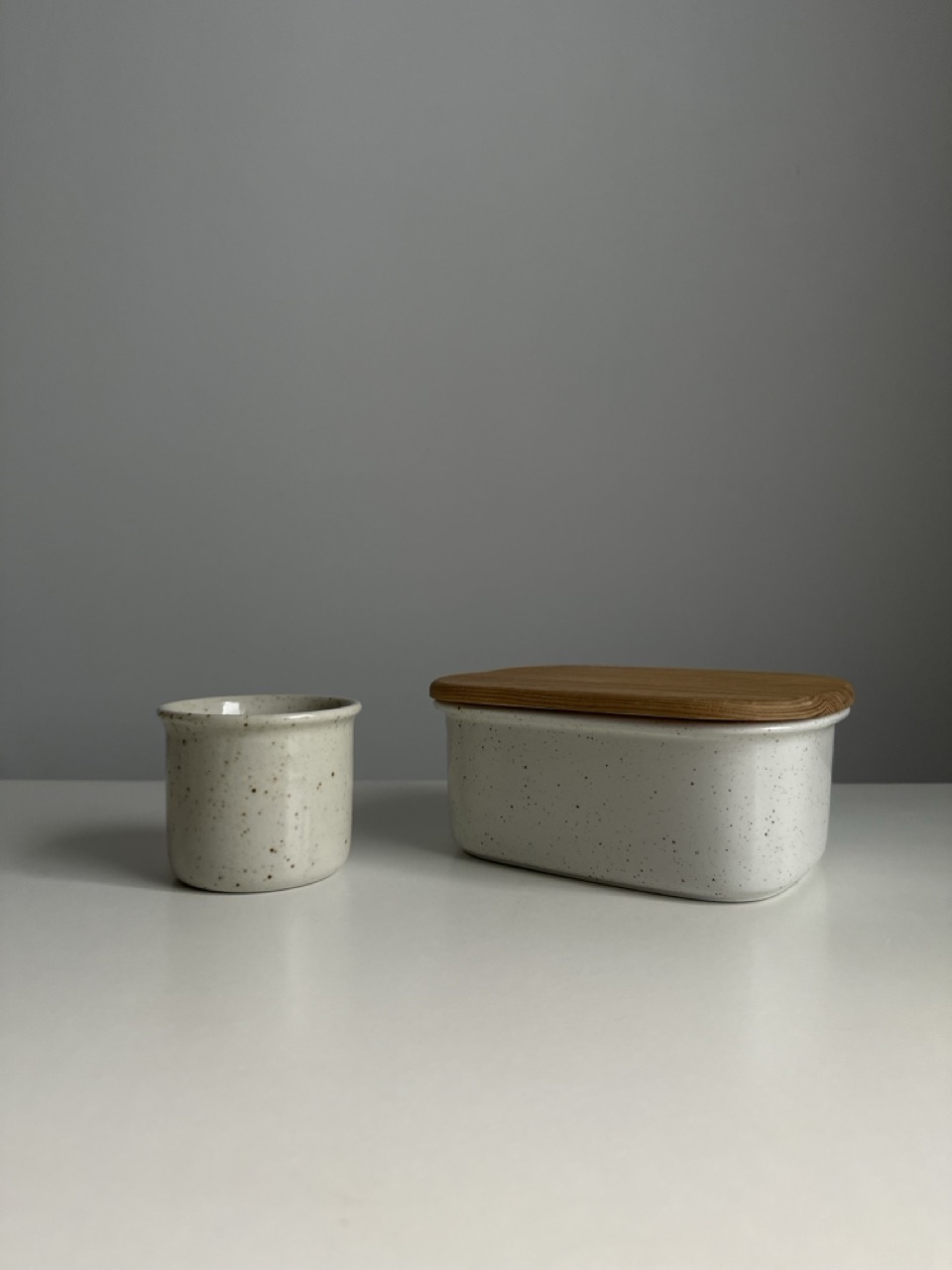 Ceramic butter dish and salt shaker cup by the Finnish company Pentik.