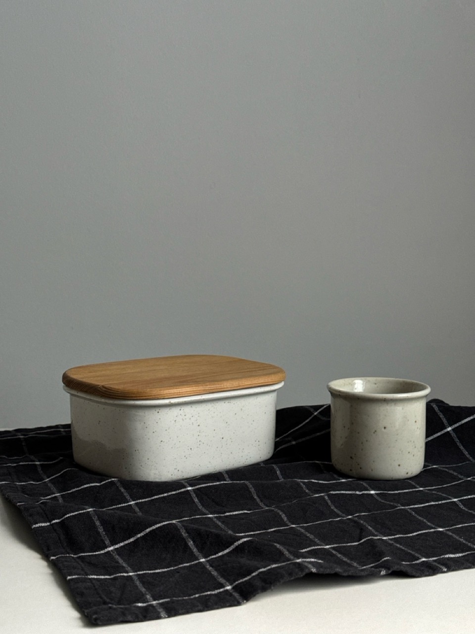 Ceramic butter dish and salt shaker cup by the Finnish company Pentik.