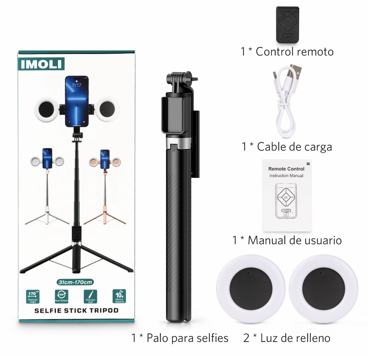 Palo Selfie Trípode, 2 Luces Extra Largo