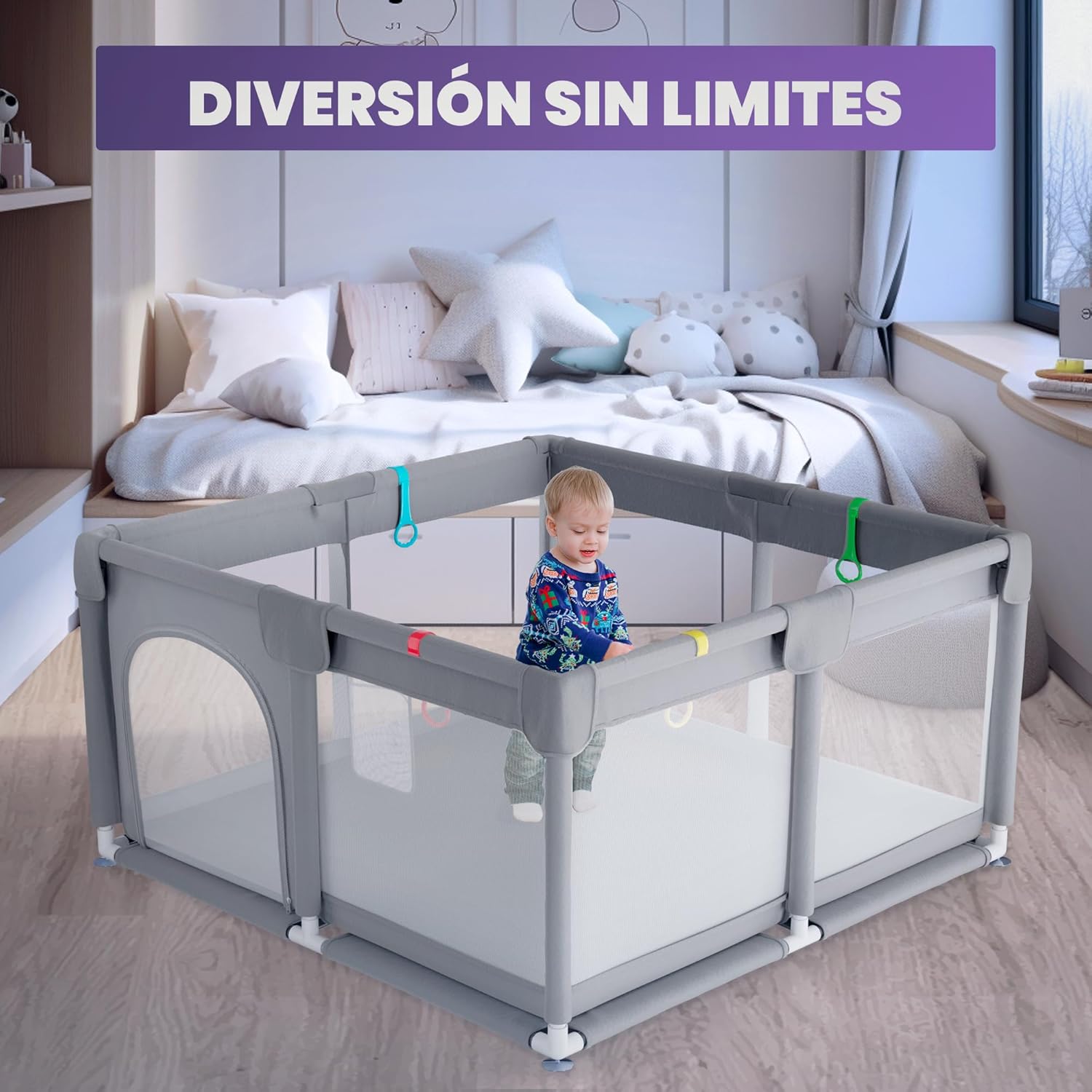 Parque de Juegos para Bebe 120x120cm + pelotas – Corralito Bebe con Malla Transpirable