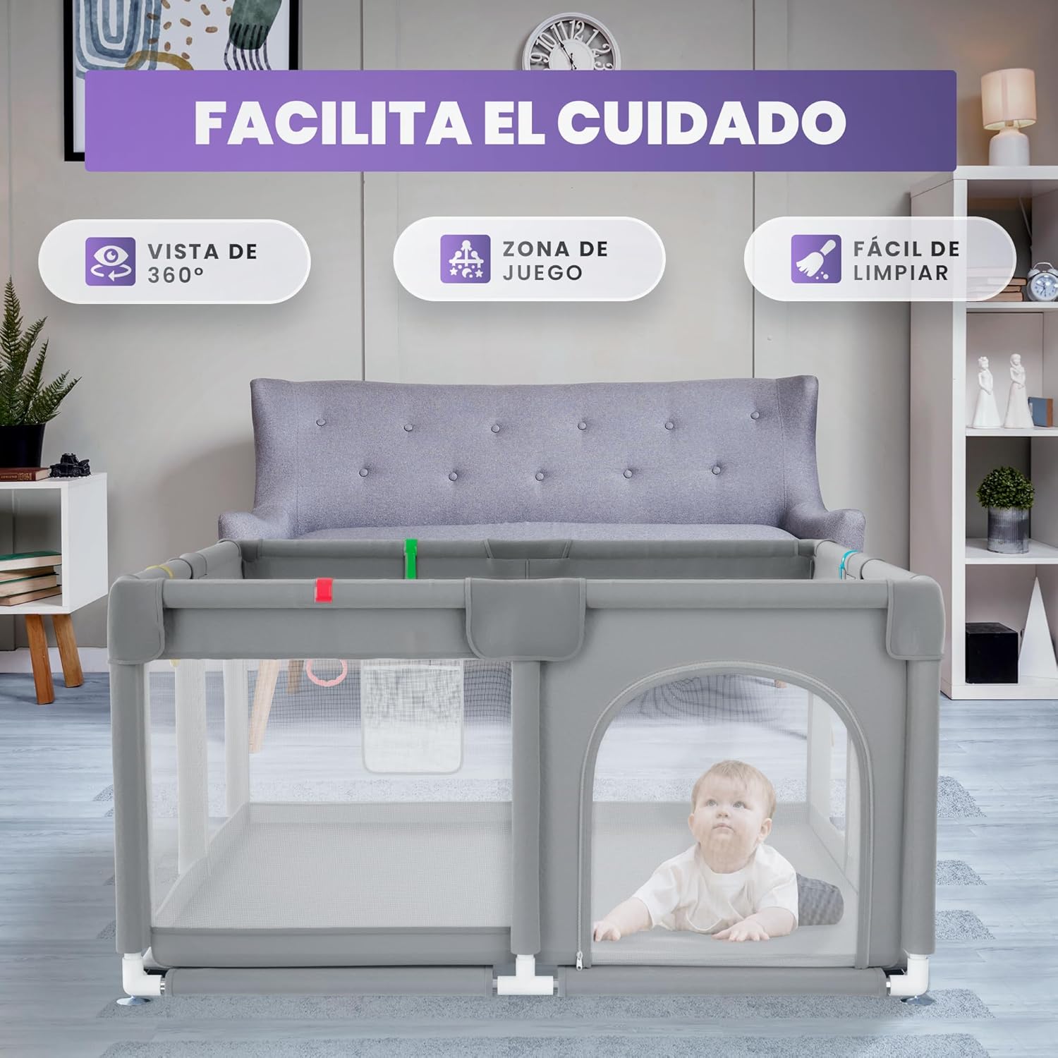 Parque de Juegos para Bebe 120x120cm + pelotas – Corralito Bebe con Malla Transpirable 