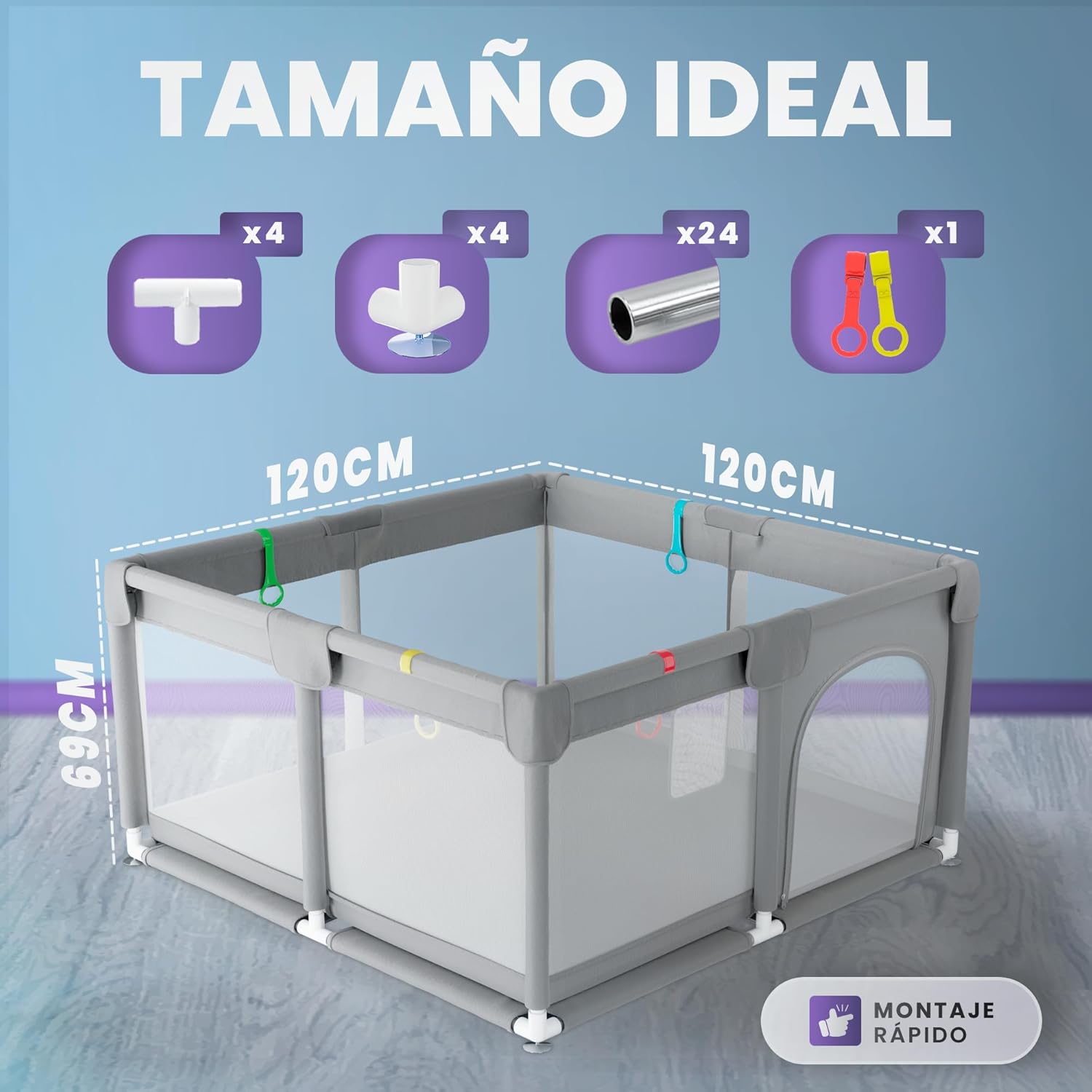 Parque de Juegos para Bebe 120x120cm + pelotas – Corralito Bebe con Malla Transpirable 