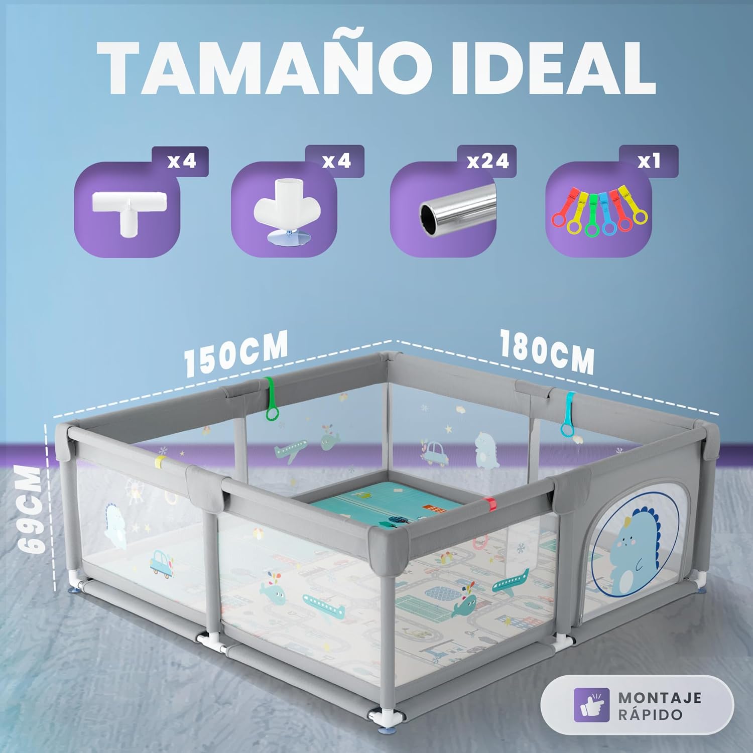 Parque de Juegos para Bebe 150x180cm + pelotas – Corralito Bebe con Malla Transpirable