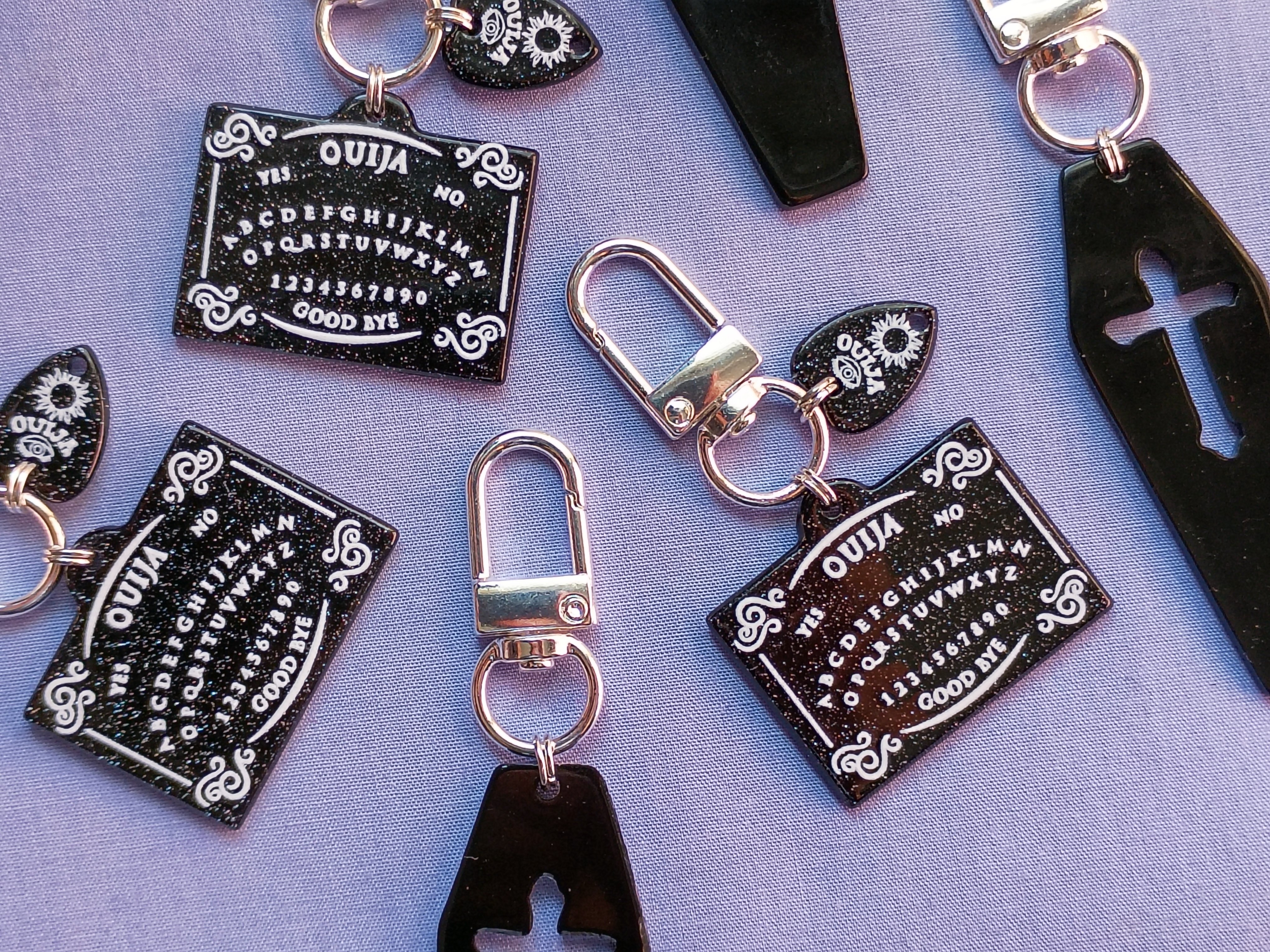 Coffin & Ouija Board Zipper Pulls with for jackets, vests, bags