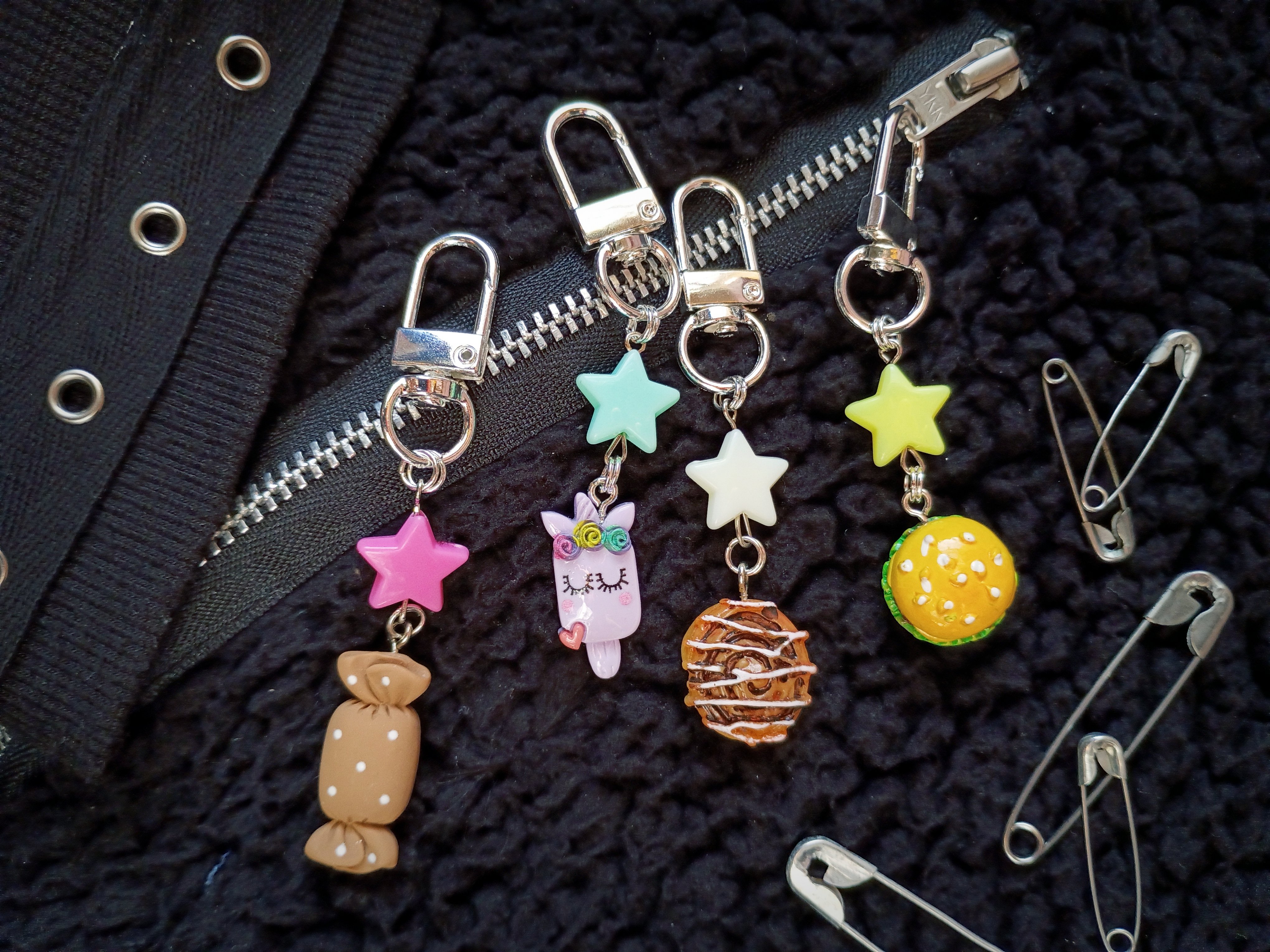 Kawaii Food Zipper Pulls with charms for jackets, vests, bags