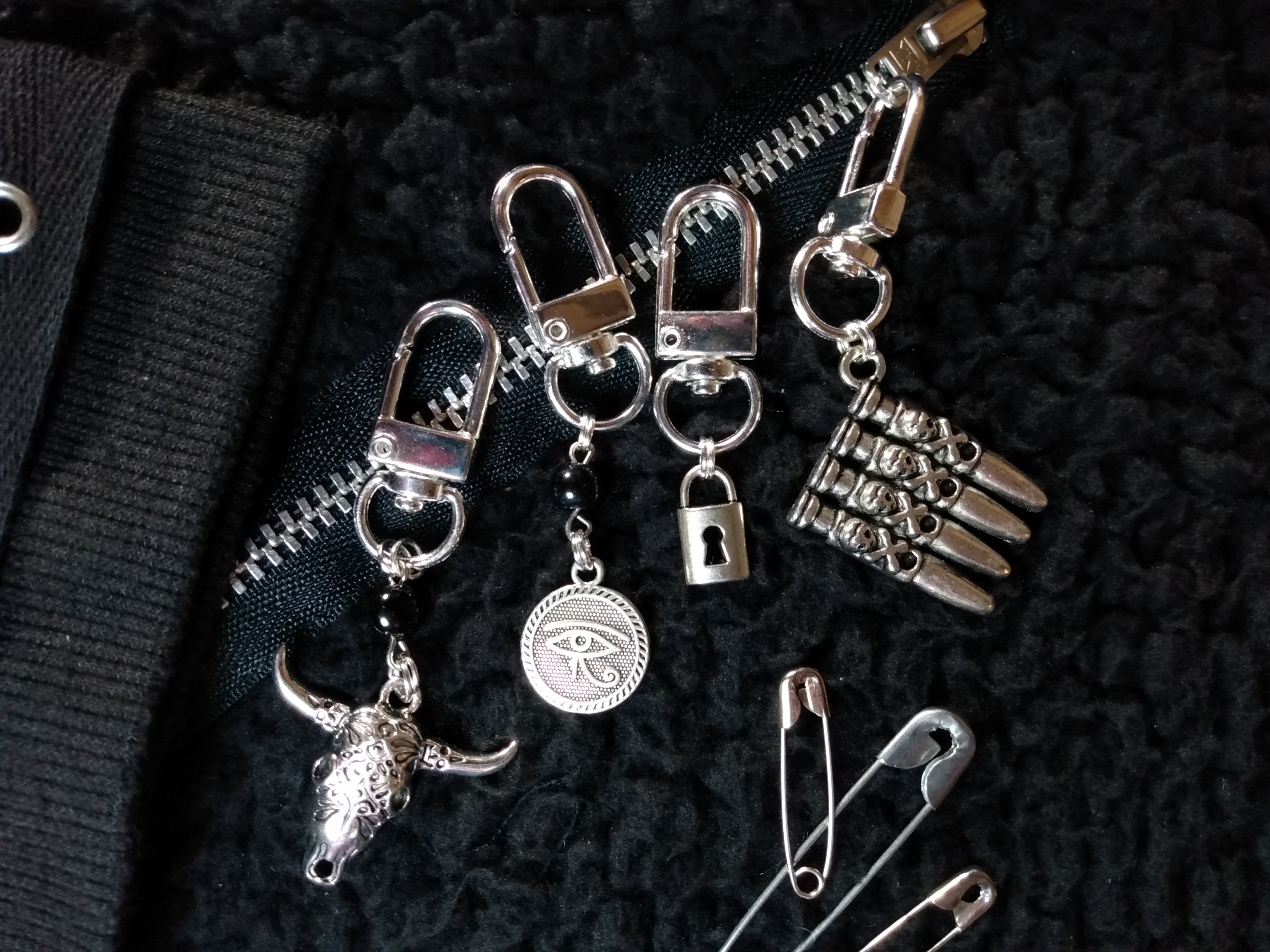 Punk Goth Zipper Pulls with charms for jackets, vests, bags