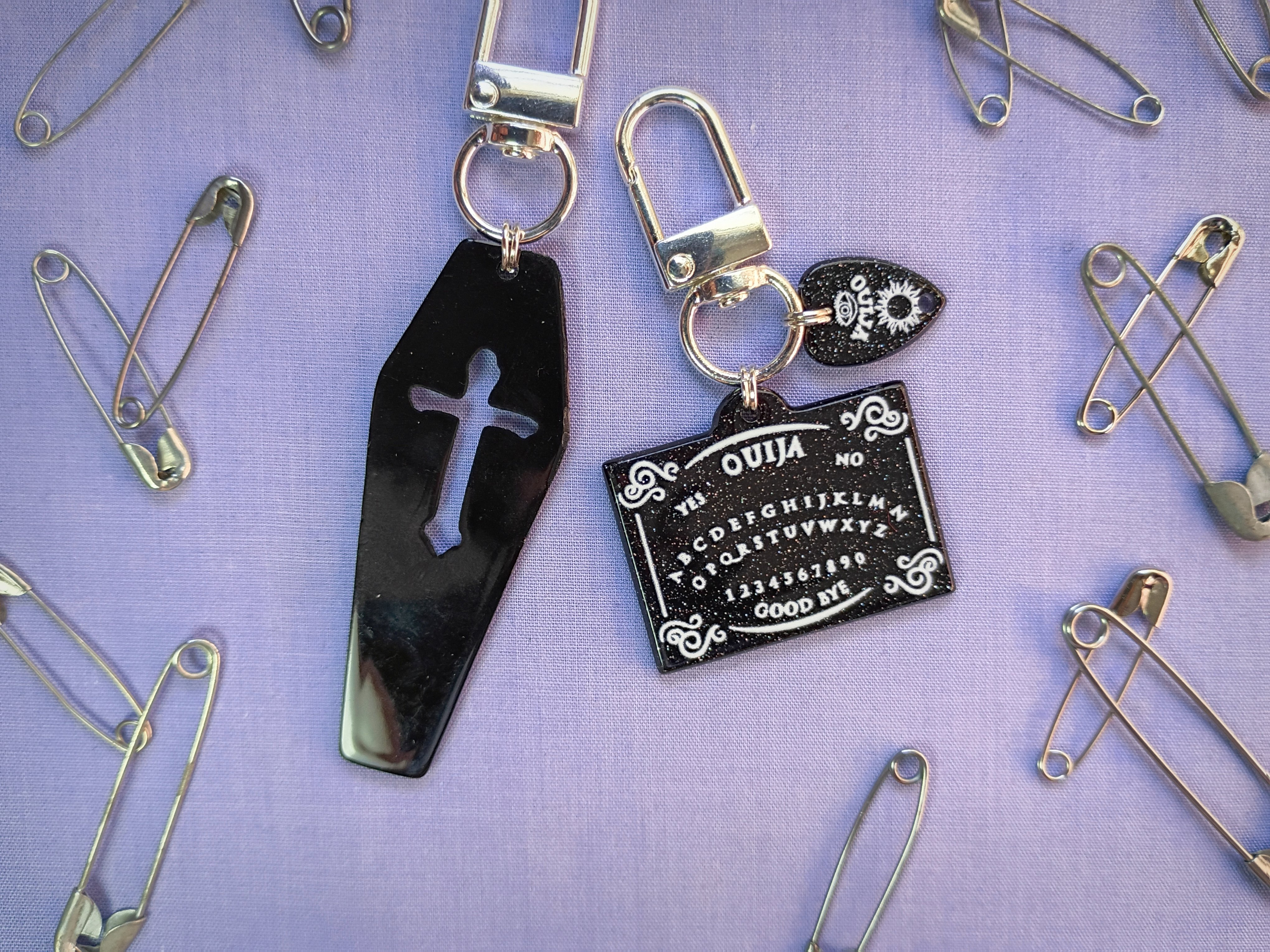 Coffin & Ouija Board Zipper Pulls with for jackets, vests, bags