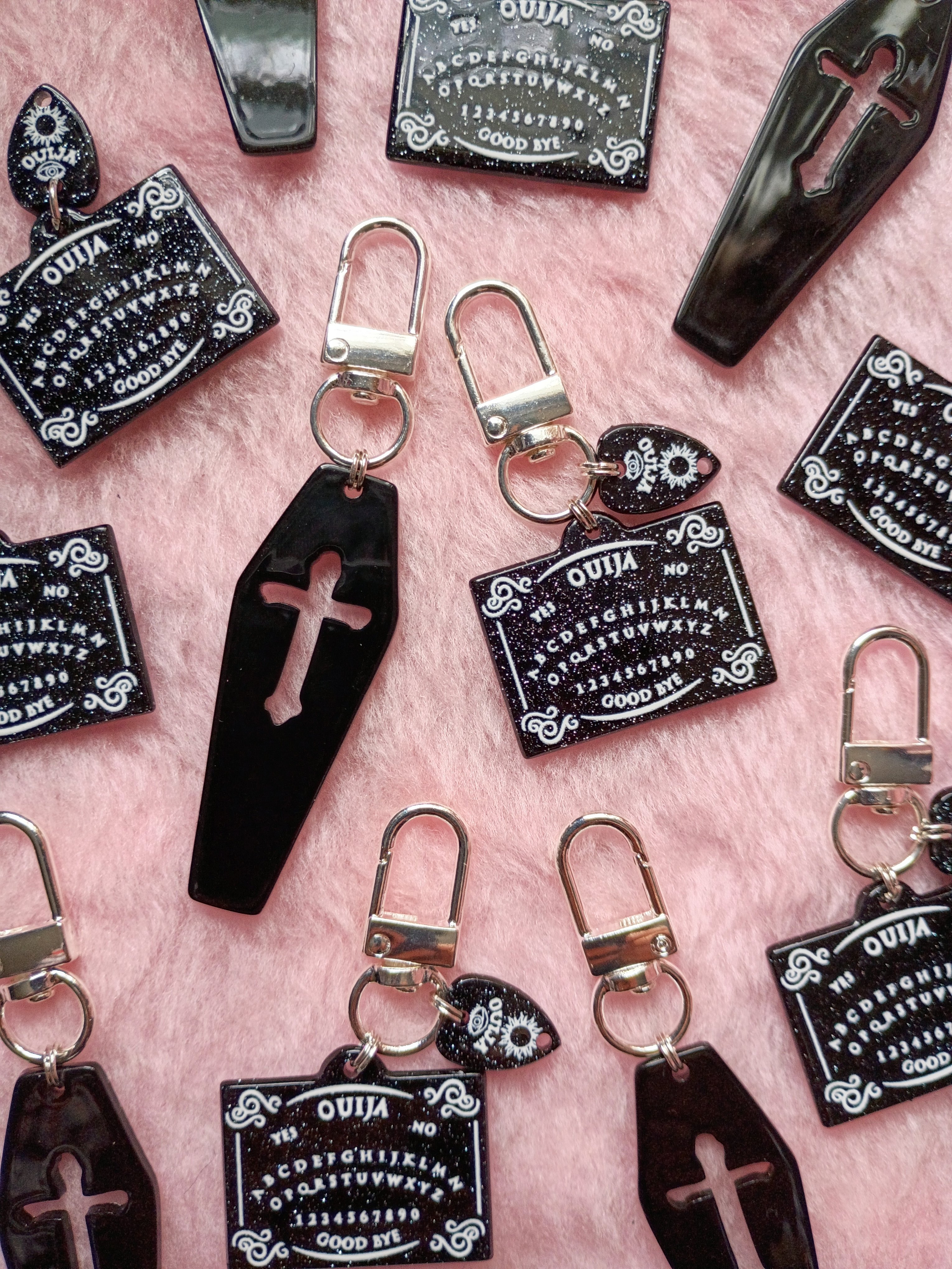 Coffin & Ouija Board Zipper Pulls with for jackets, vests, bags