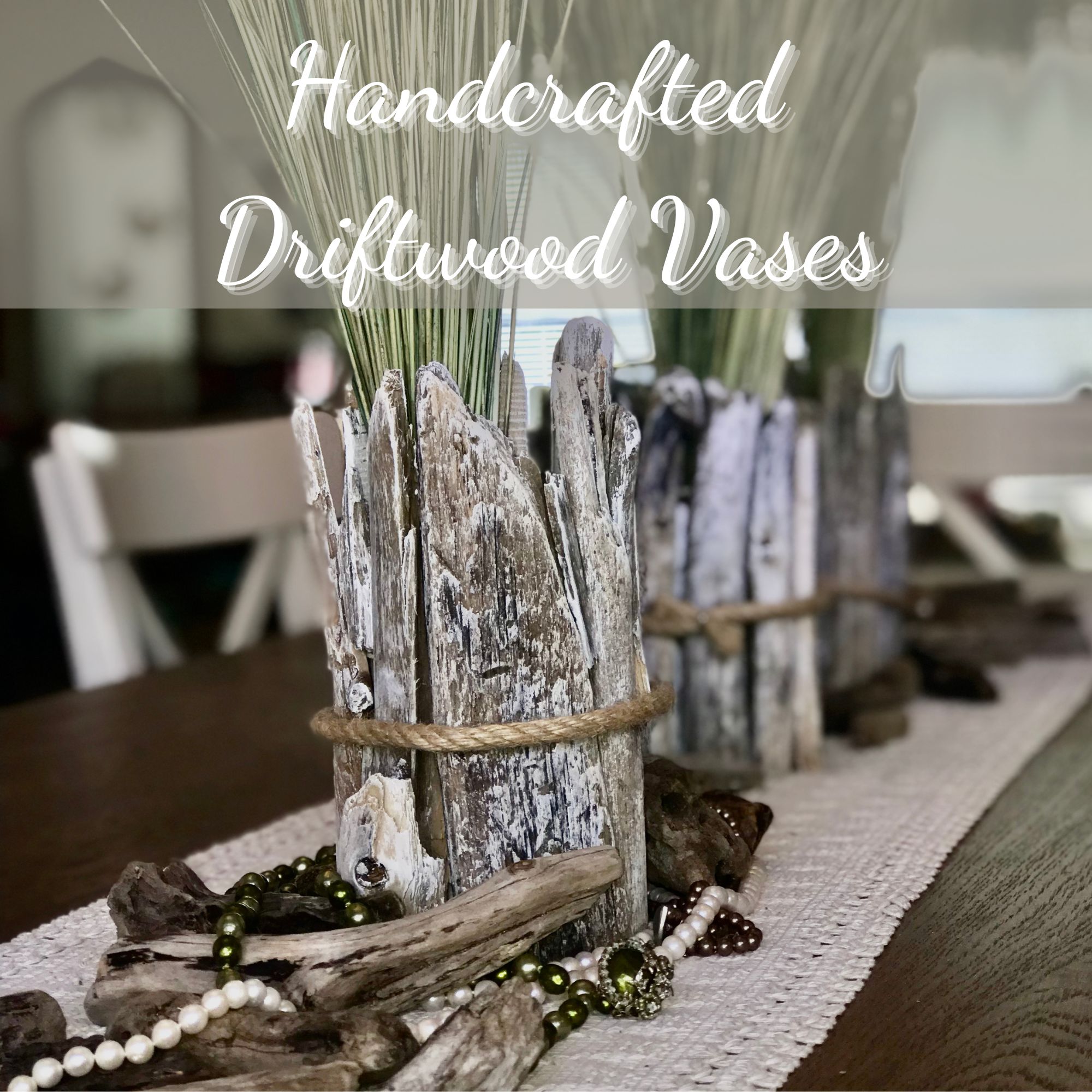 Handcrafted Driftwood Vases with Preserved Beach Grass