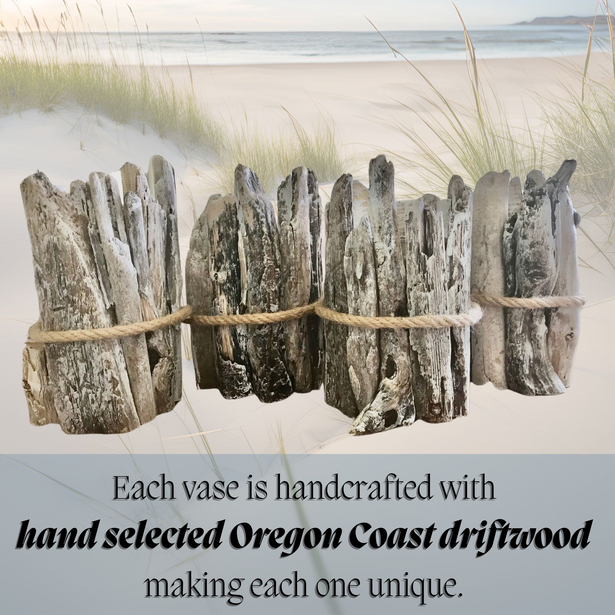 Handcrafted Driftwood Vases with Preserved Beach Grass