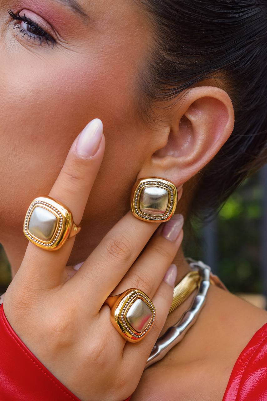 Square Gold and Silver Ring and Earring Set