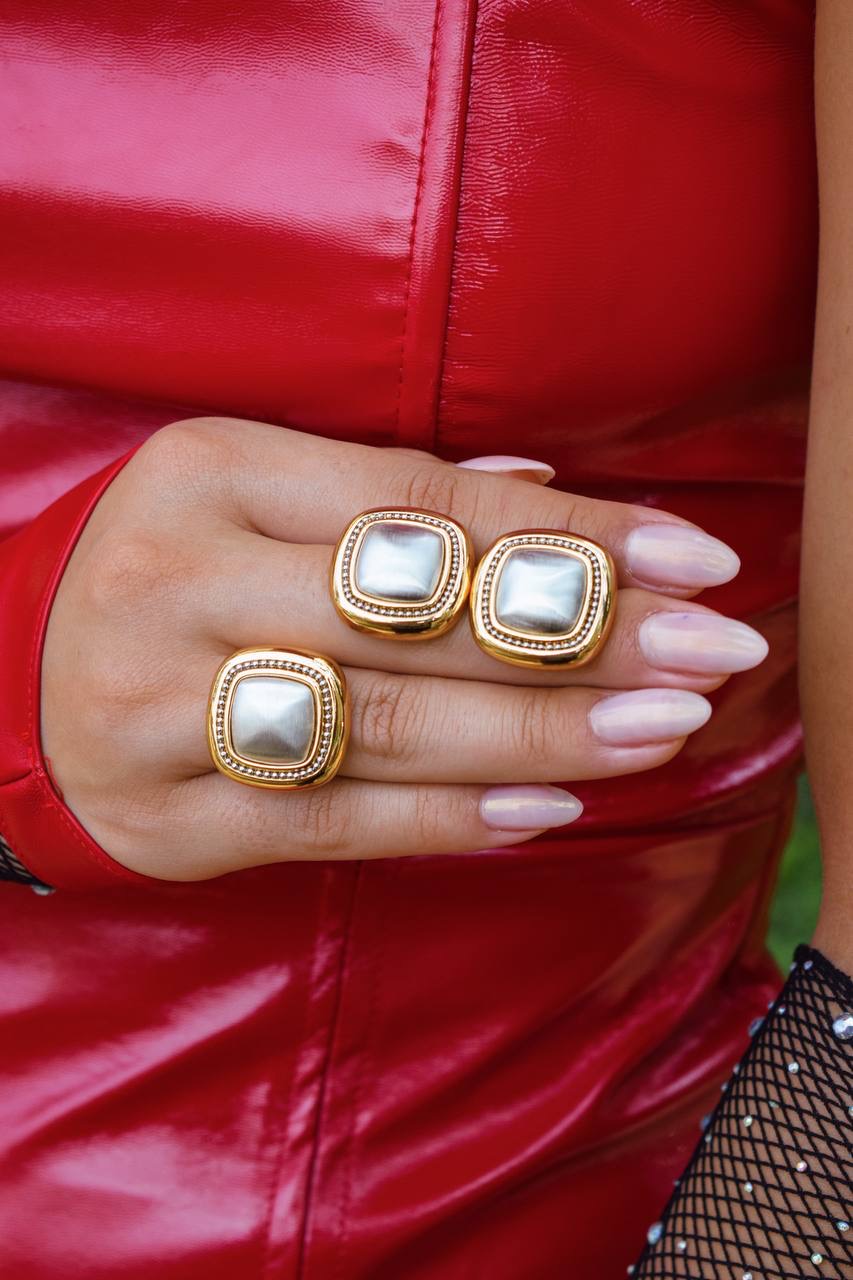 Square Gold and Silver Ring and Earring Set