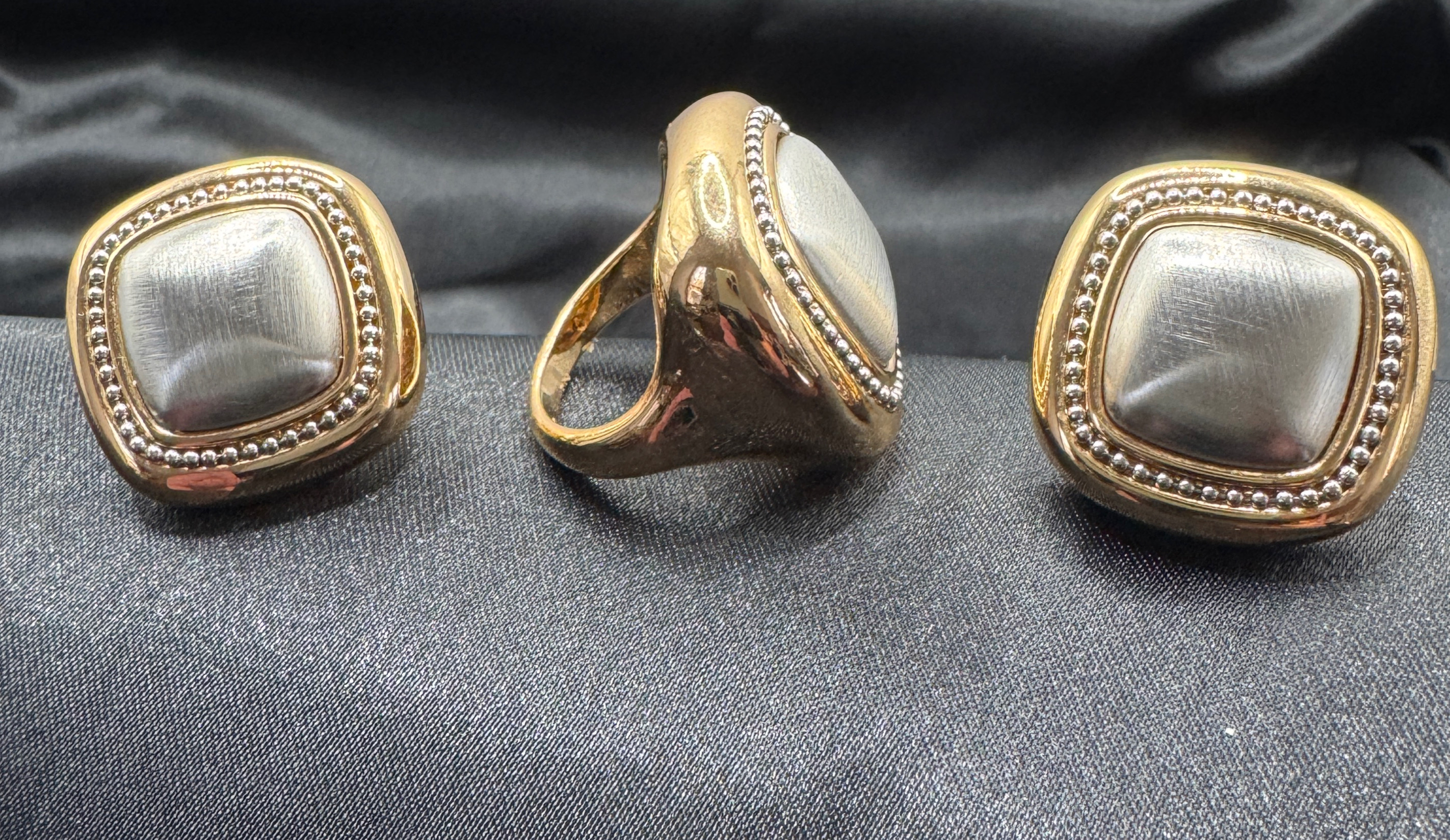 Square Gold and Silver Ring and Earring Set