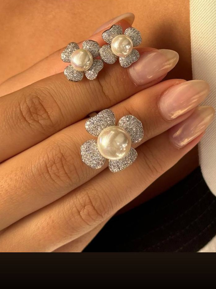 Elegant Pearl Flower Ring and earrings set