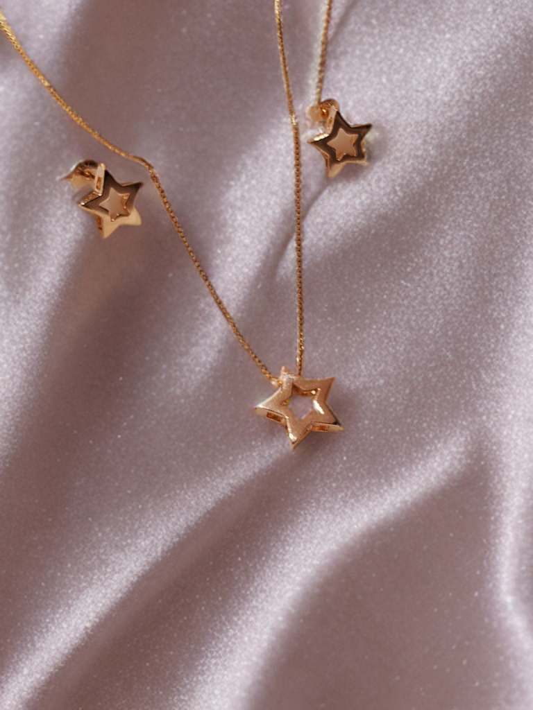 Gold Star Pendant Necklace and Earrings