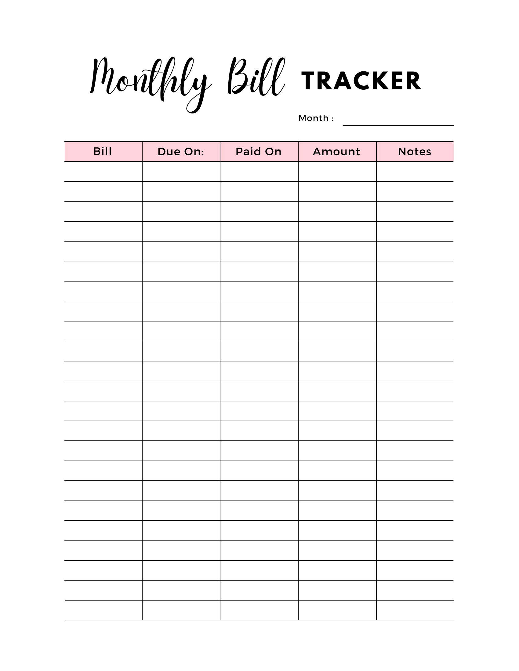 Free printable Monthly Bill Tracker 