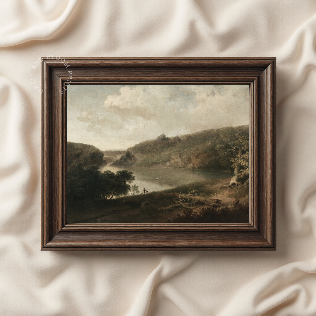 Vintage Mountain Lake Landscape Painting | Rustic Nature Printable Wall Art