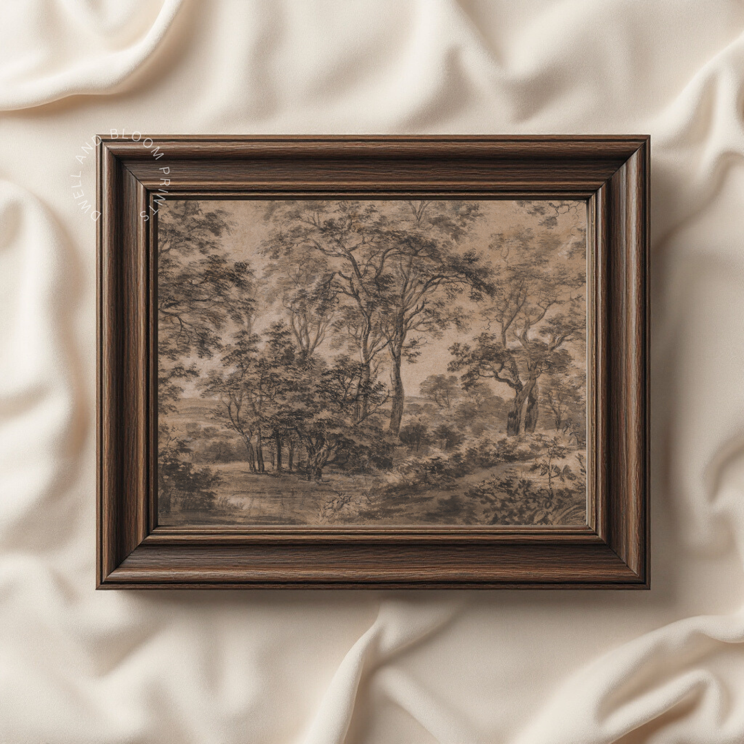 Antique Moody Landscape Sketch | Vintage Woodland Drawing