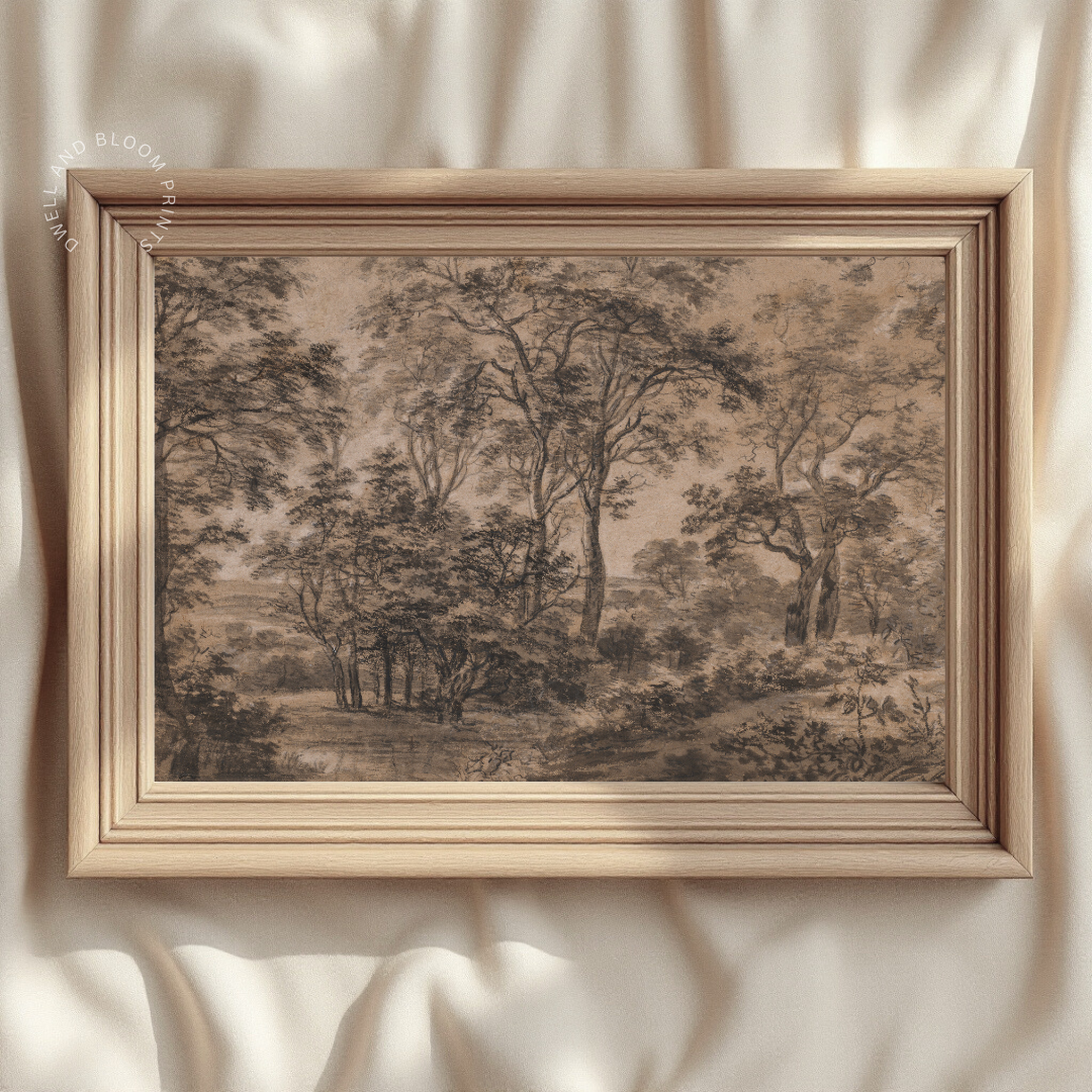 Antique Moody Landscape Sketch | Vintage Woodland Drawing