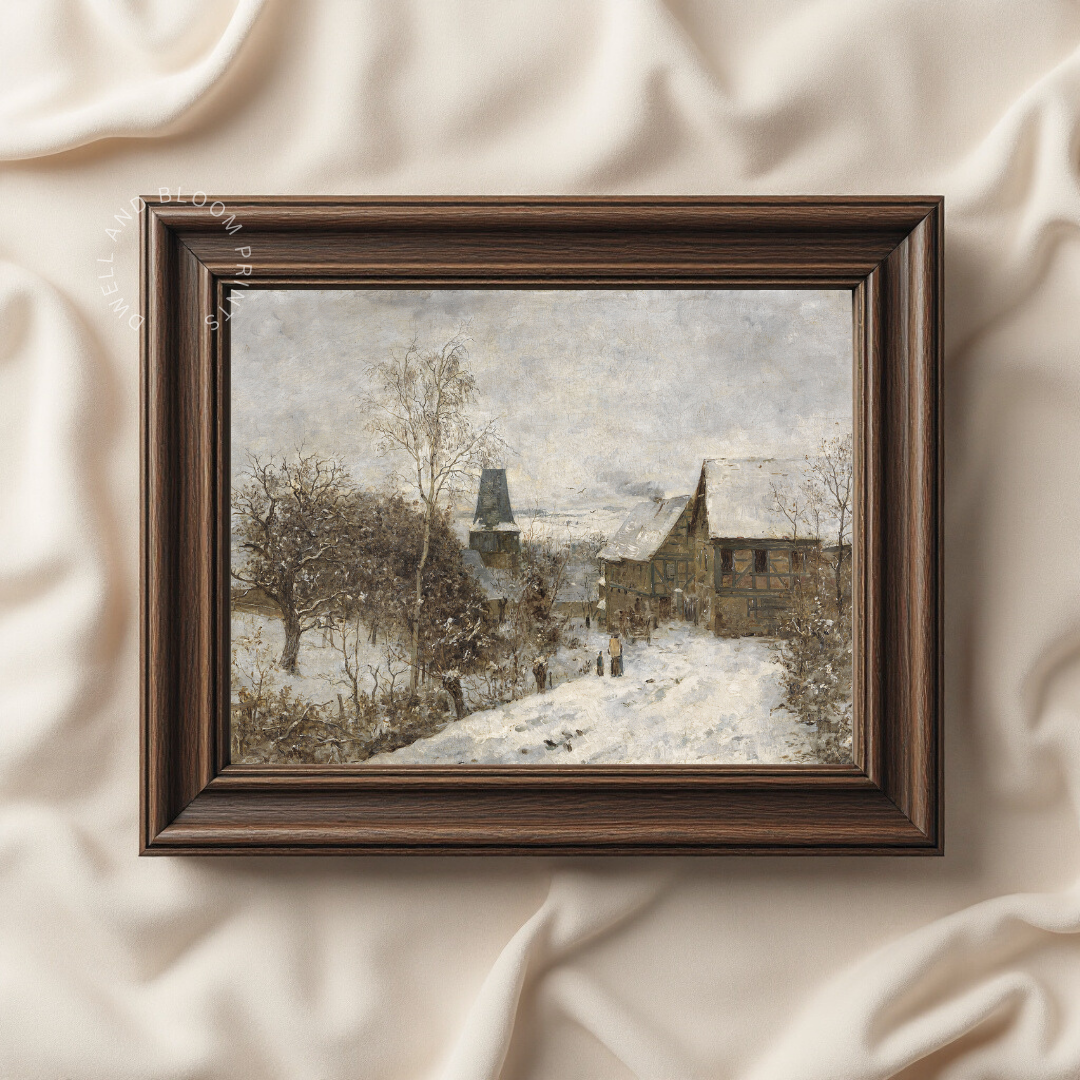 Vintage Winter Landscape Wall Art | Neutral Winter Village Oil Painting