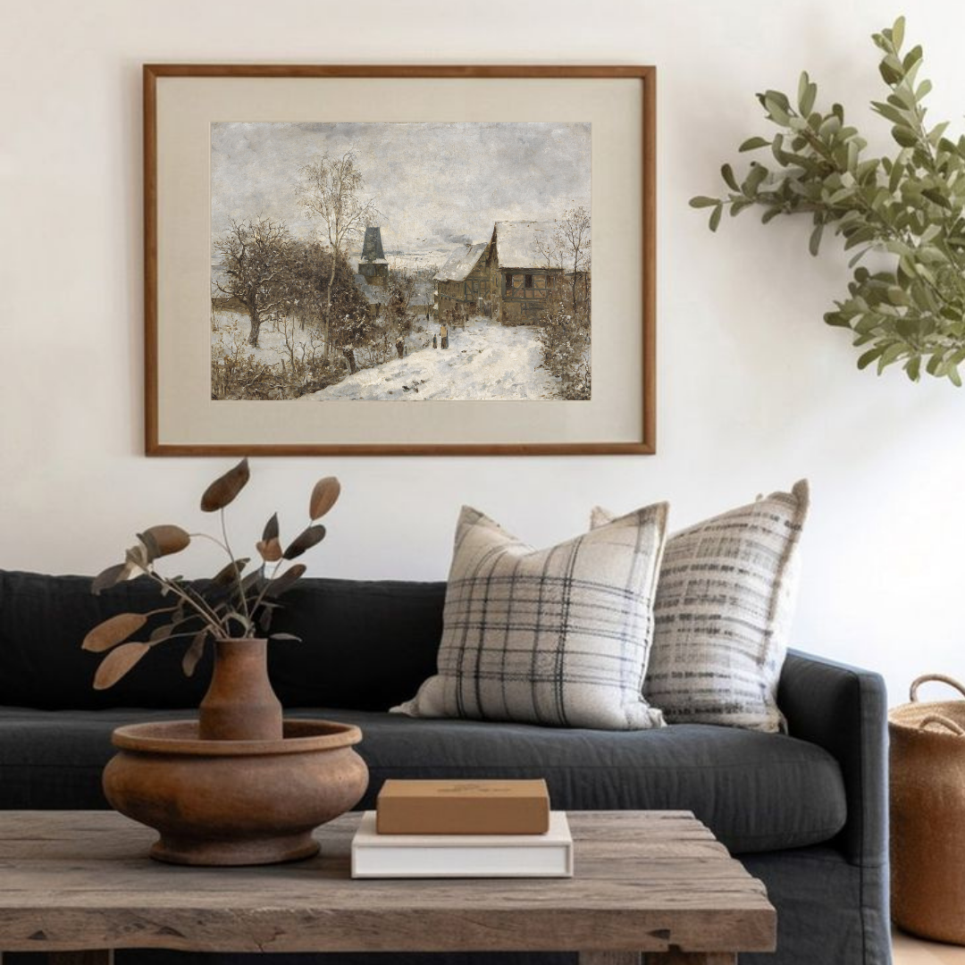 Vintage Winter Landscape Wall Art | Neutral Winter Village Oil Painting