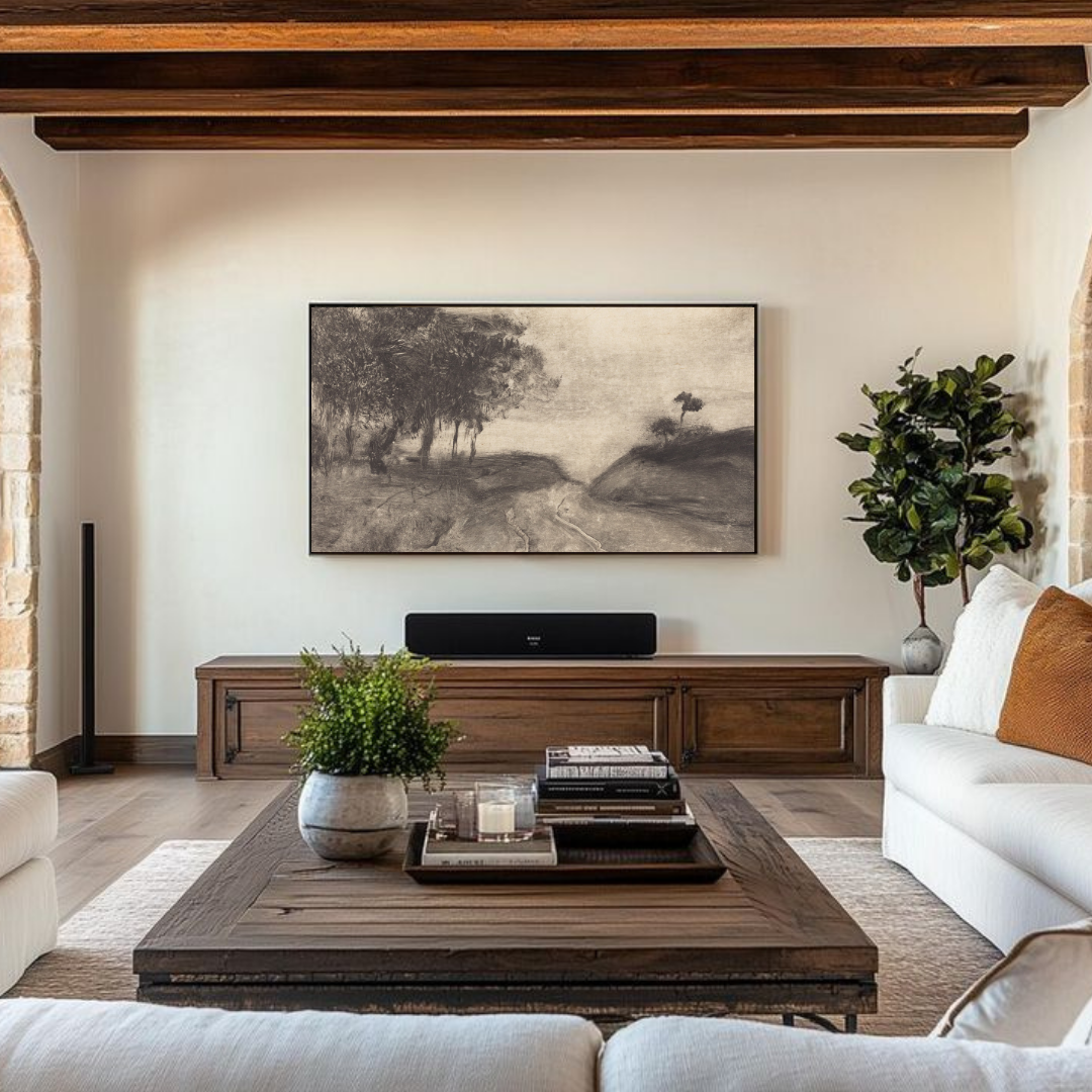 Samsung Frame TV Art | Vintage Charcoal Landscape Drawing 