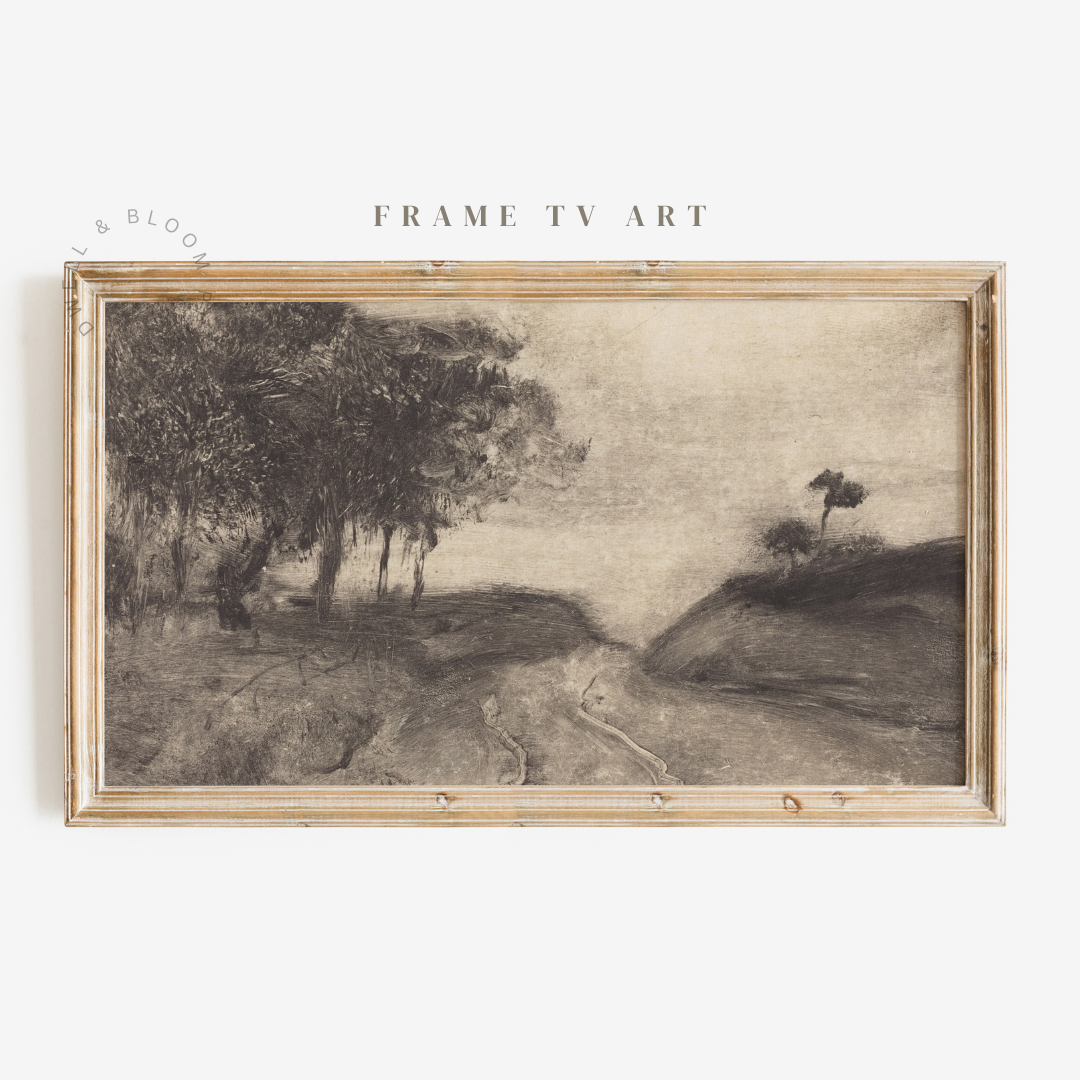 Samsung Frame TV Art | Vintage Charcoal Landscape Drawing