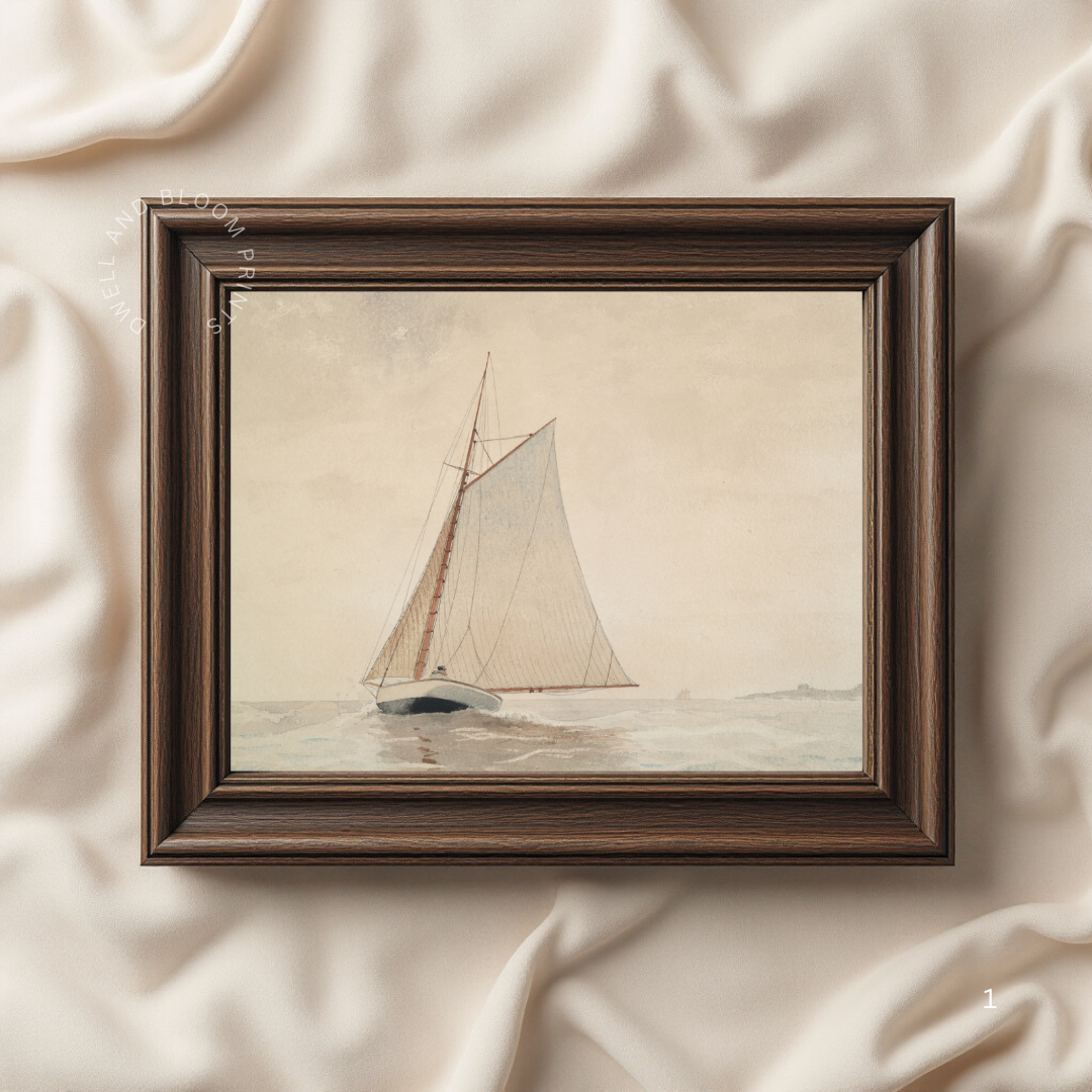 Vintage Muted Sailboat Painting | Vintage Neutral Coastal Art Print