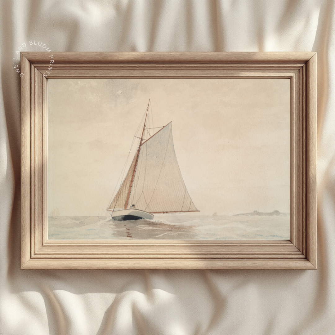 Vintage Muted Sailboat Painting | Vintage Neutral Coastal Art Print