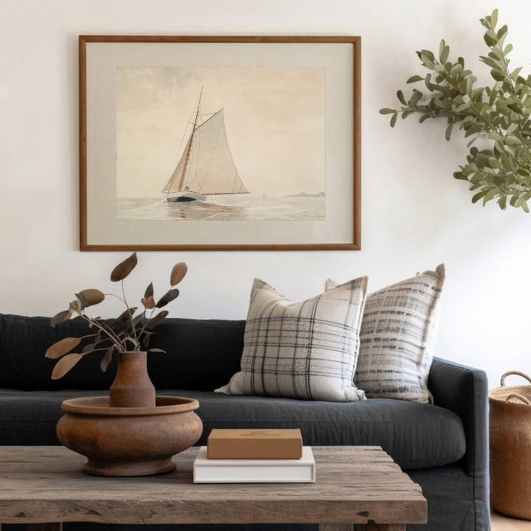 Vintage Muted Sailboat Painting | Vintage Neutral Coastal Art Print