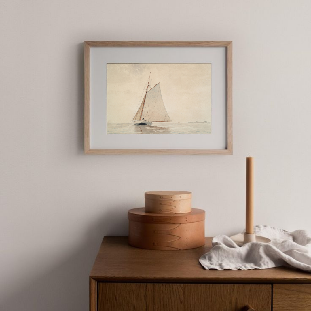 Vintage Muted Sailboat Painting | Vintage Neutral Coastal Art Print