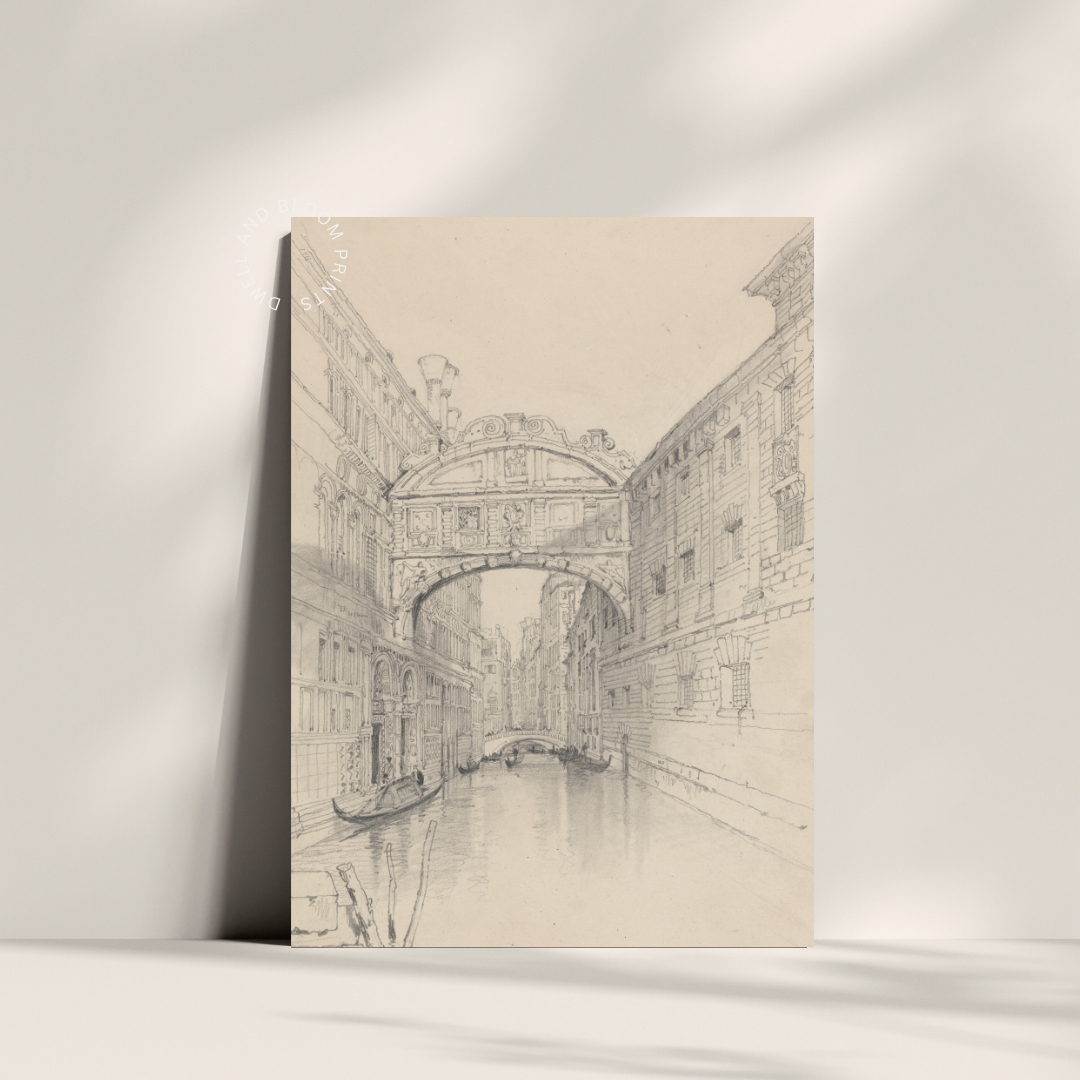 Vintage Venice Sketch Art Print |  Antique Neutral Cityscape Art