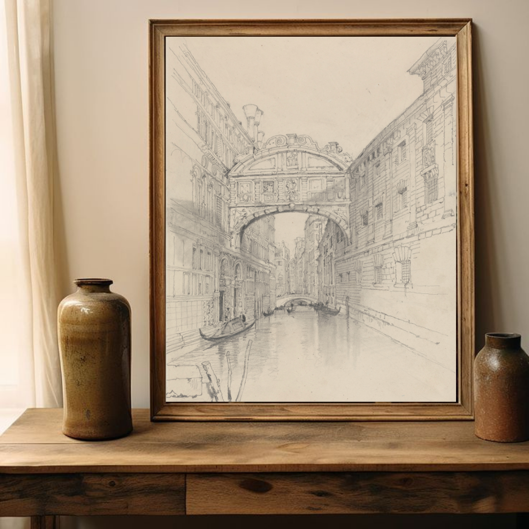 Vintage Venice Sketch Art Print |  Antique Neutral Cityscape Art