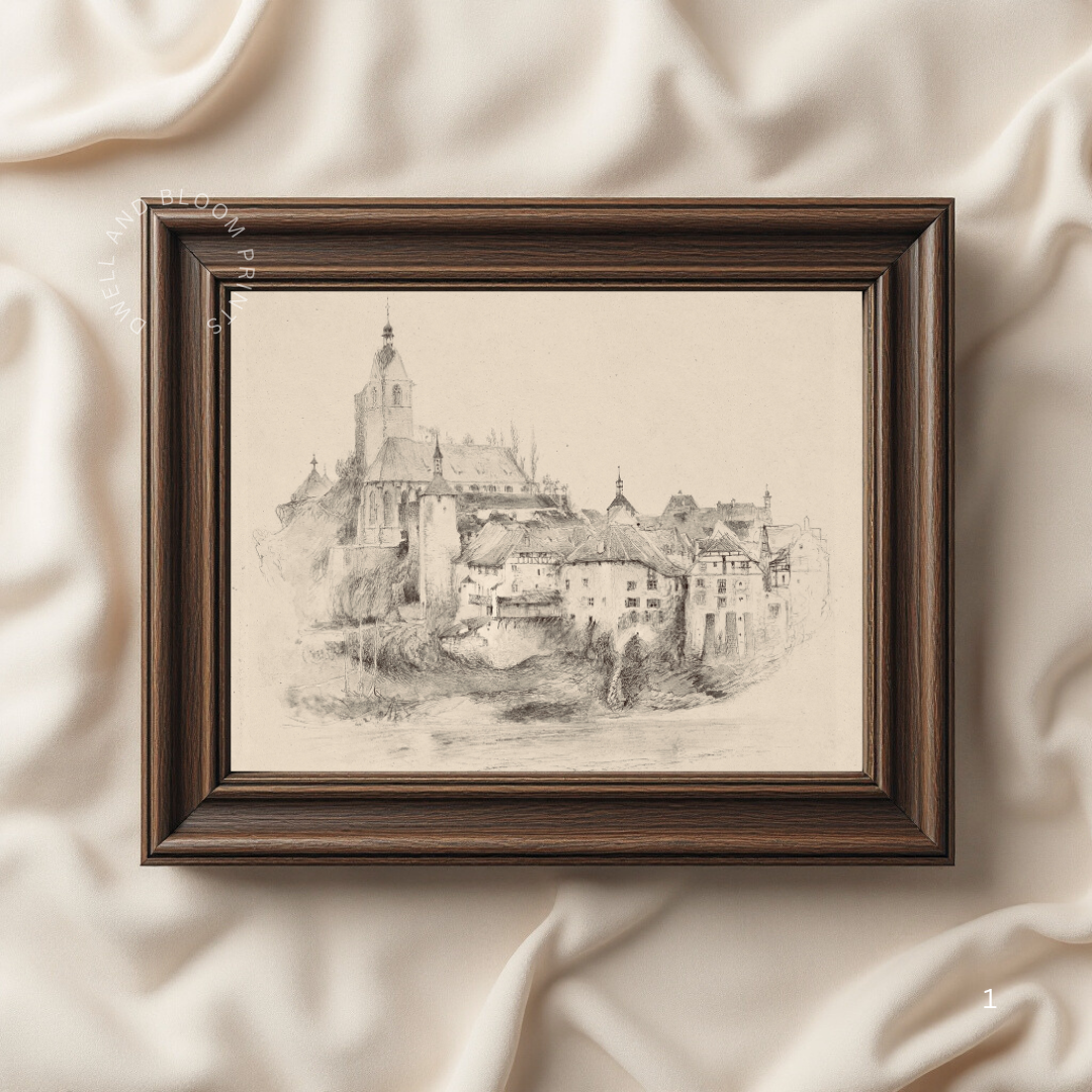  Vintage City Drawing | Antique European Cityscape Wall Art