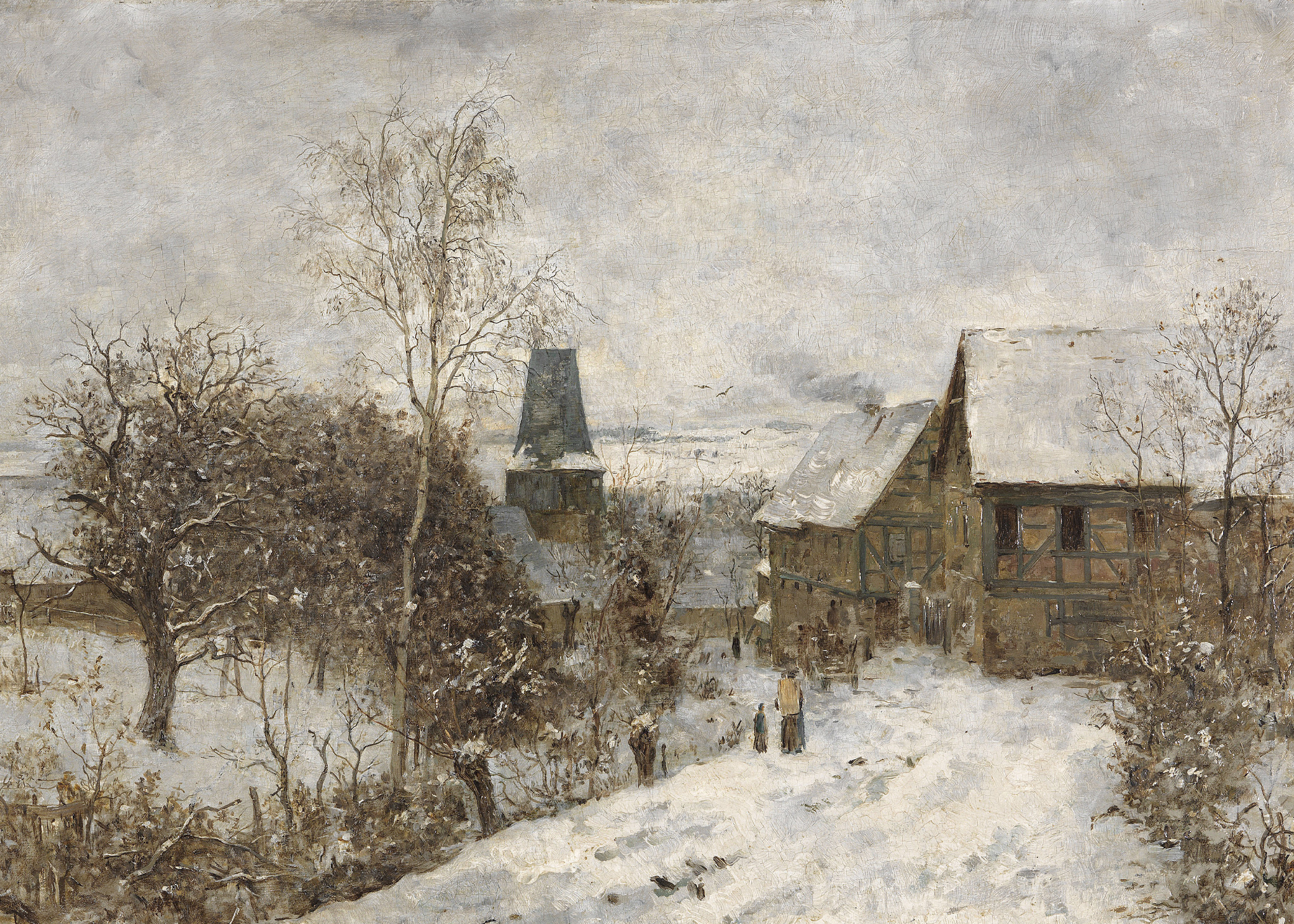 Vintage Winter Landscape Wall Art | Neutral Winter Village Oil Painting
